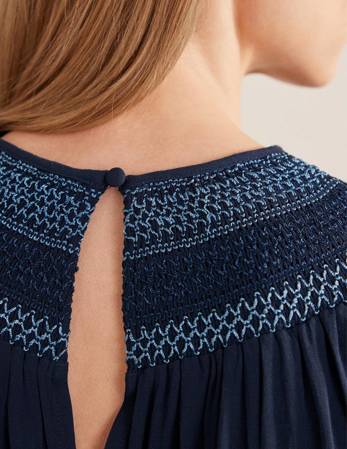 Smocked Crew Neck Top-Navy-2