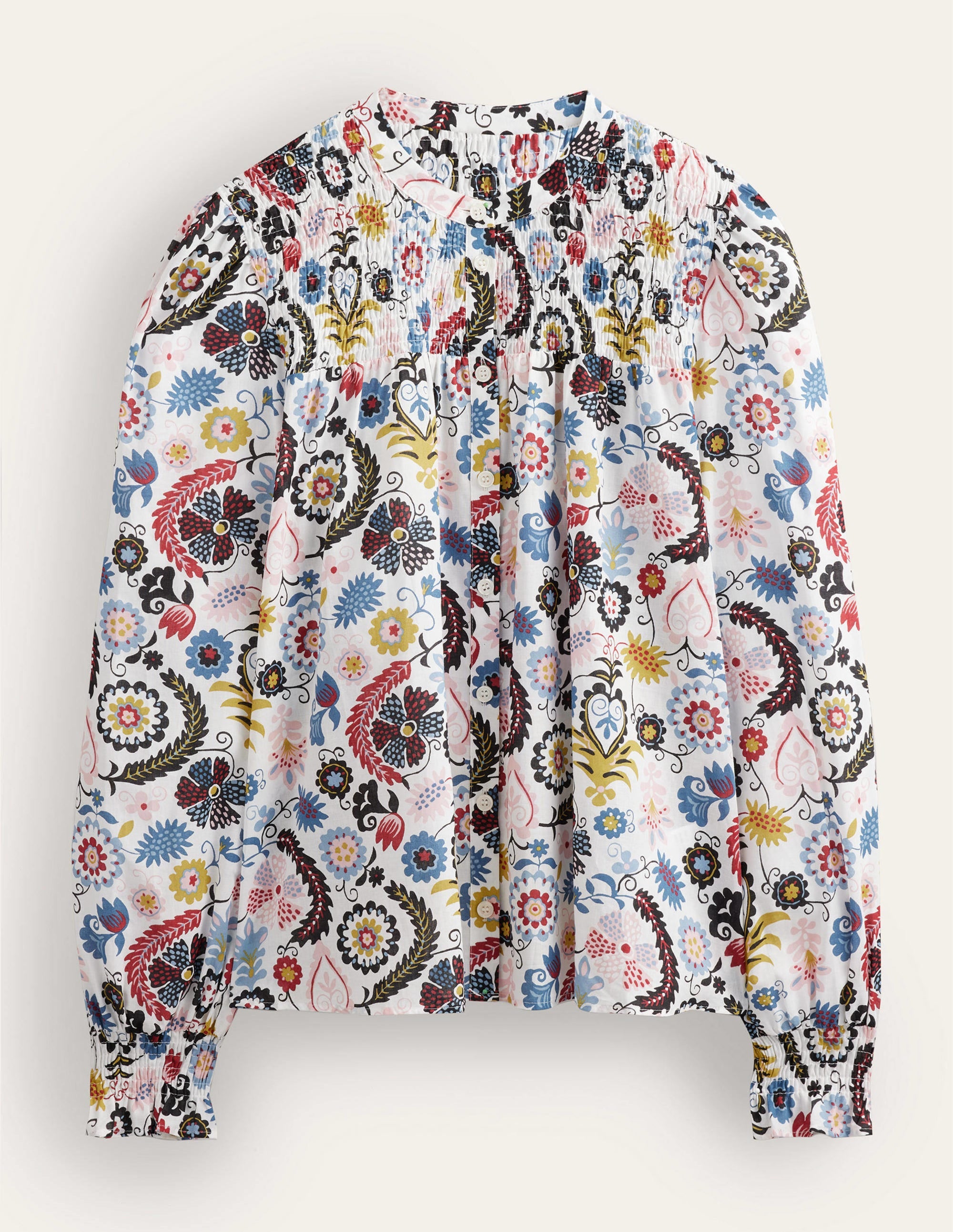 Smocked Yoke Cotton Blouse-Ivory, Tropic Charm - Image 5
