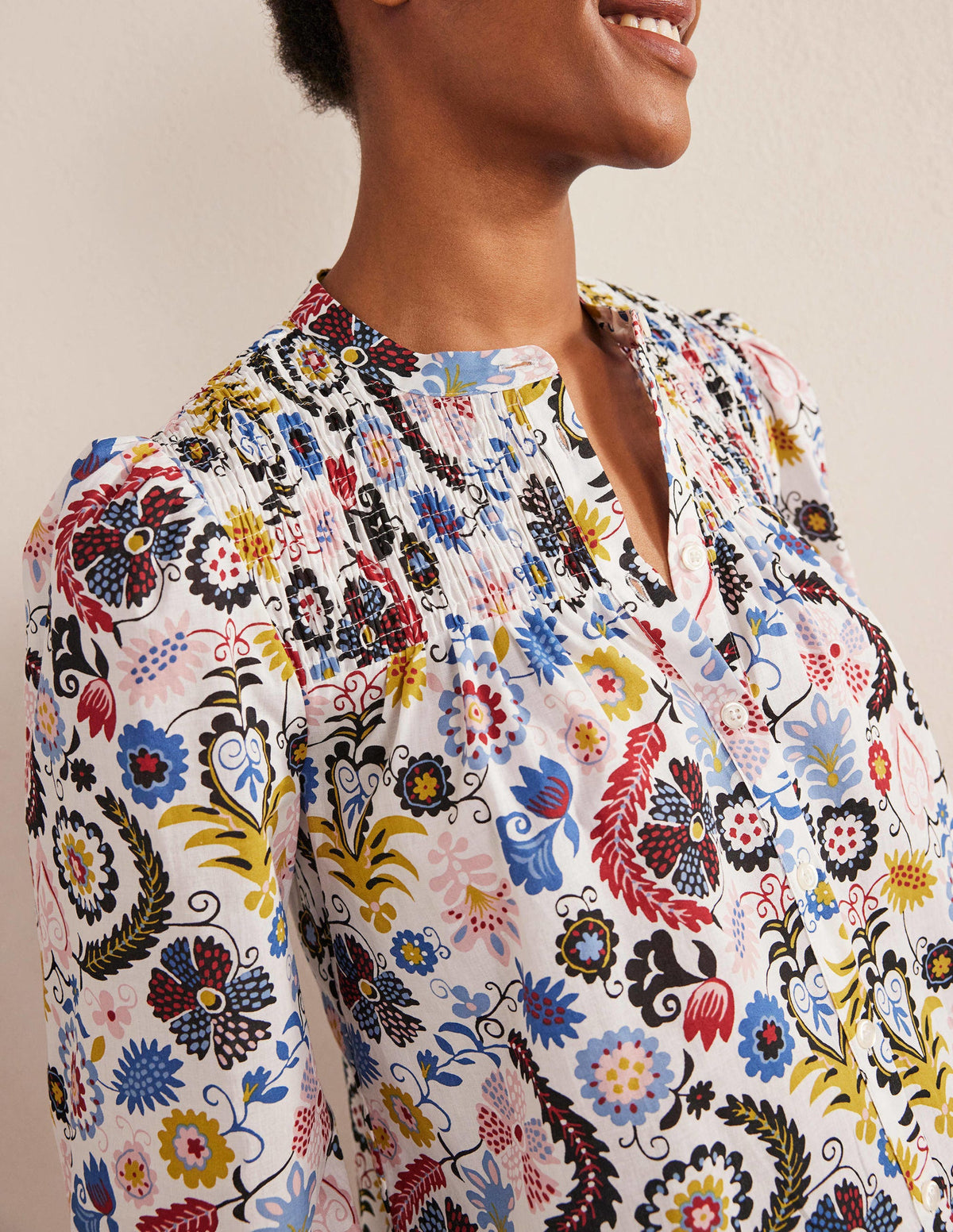 Smocked Yoke Cotton Blouse-Ivory, Tropic Charm - Image 2