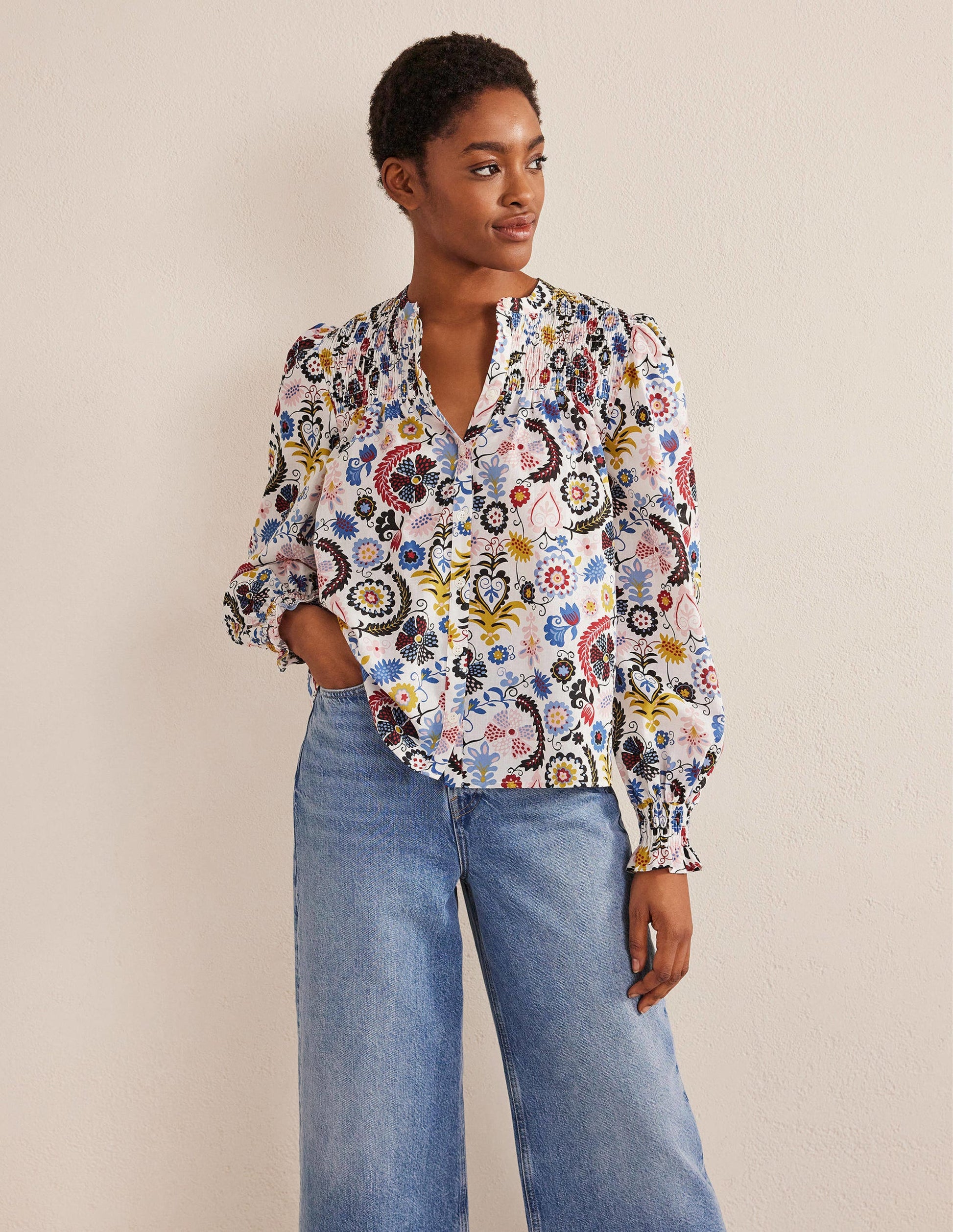 Smocked Yoke Cotton Blouse-Ivory, Tropic Charm-4