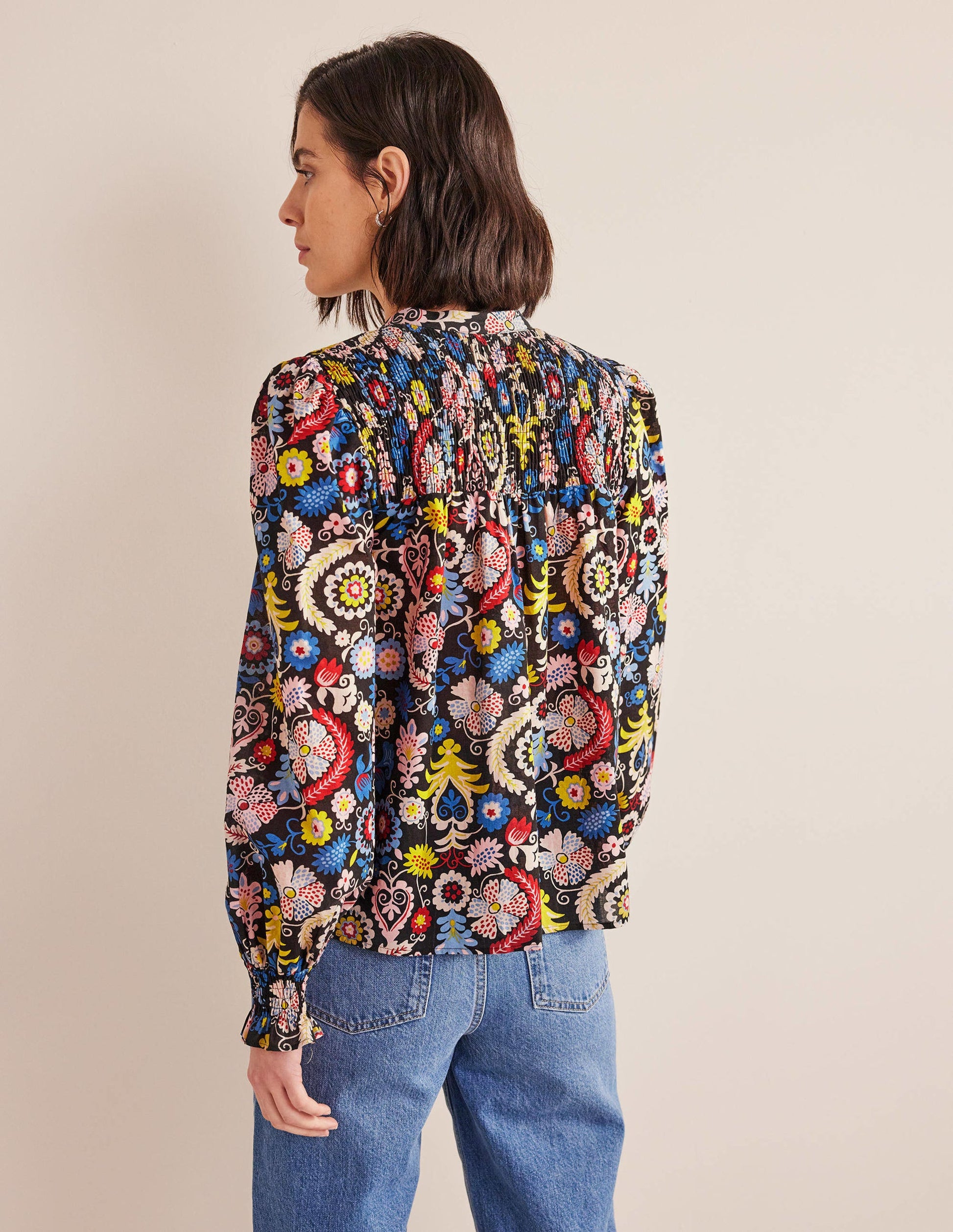 Smocked Yoke Cotton Blouse-Multi, Tropic Charm-3