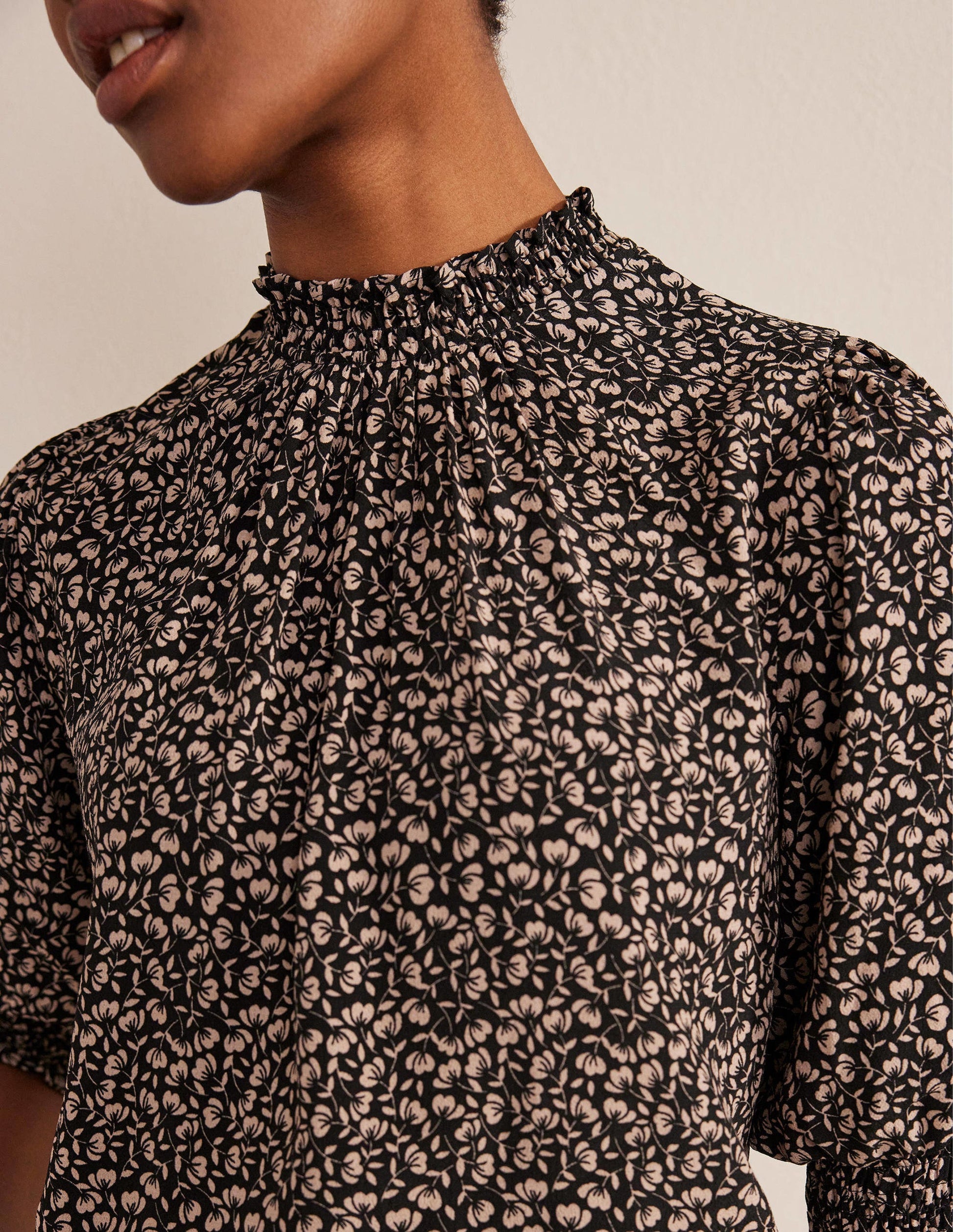 Smocked Detail Printed Top-Black, Poppy Petal-2