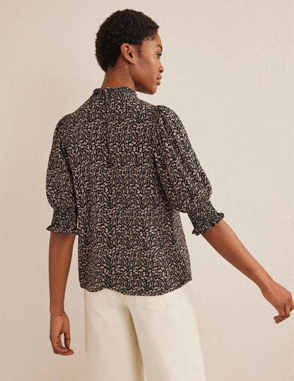 Smocked Detail Printed Top-Black, Poppy Petal-3