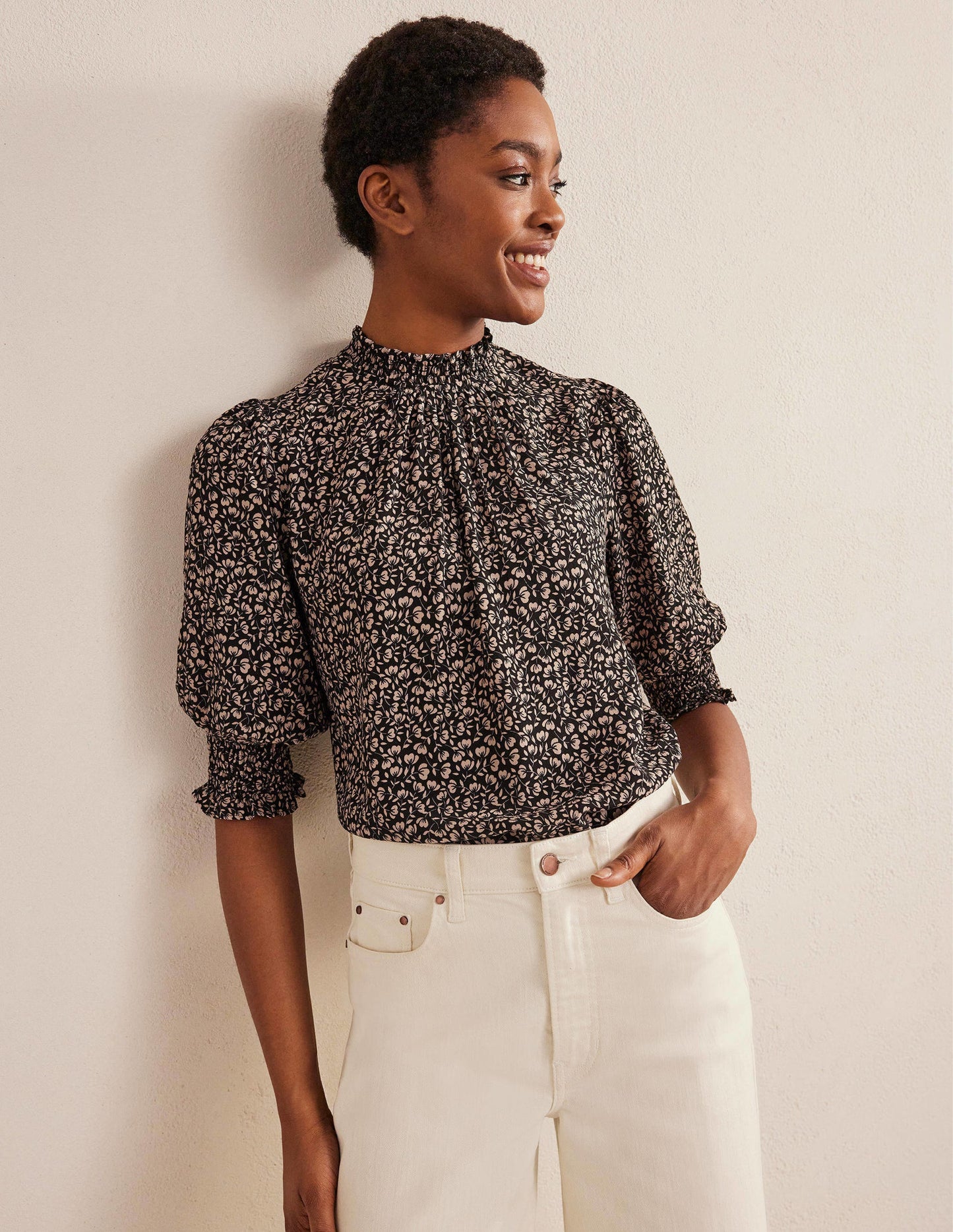 Smocked Detail Printed Top-Black, Poppy Petal