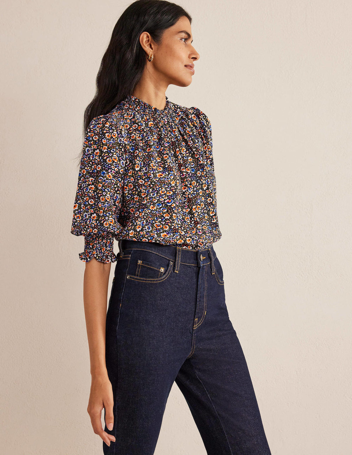 Smocked Detail Printed Top-Multi, Eden Bloom-4