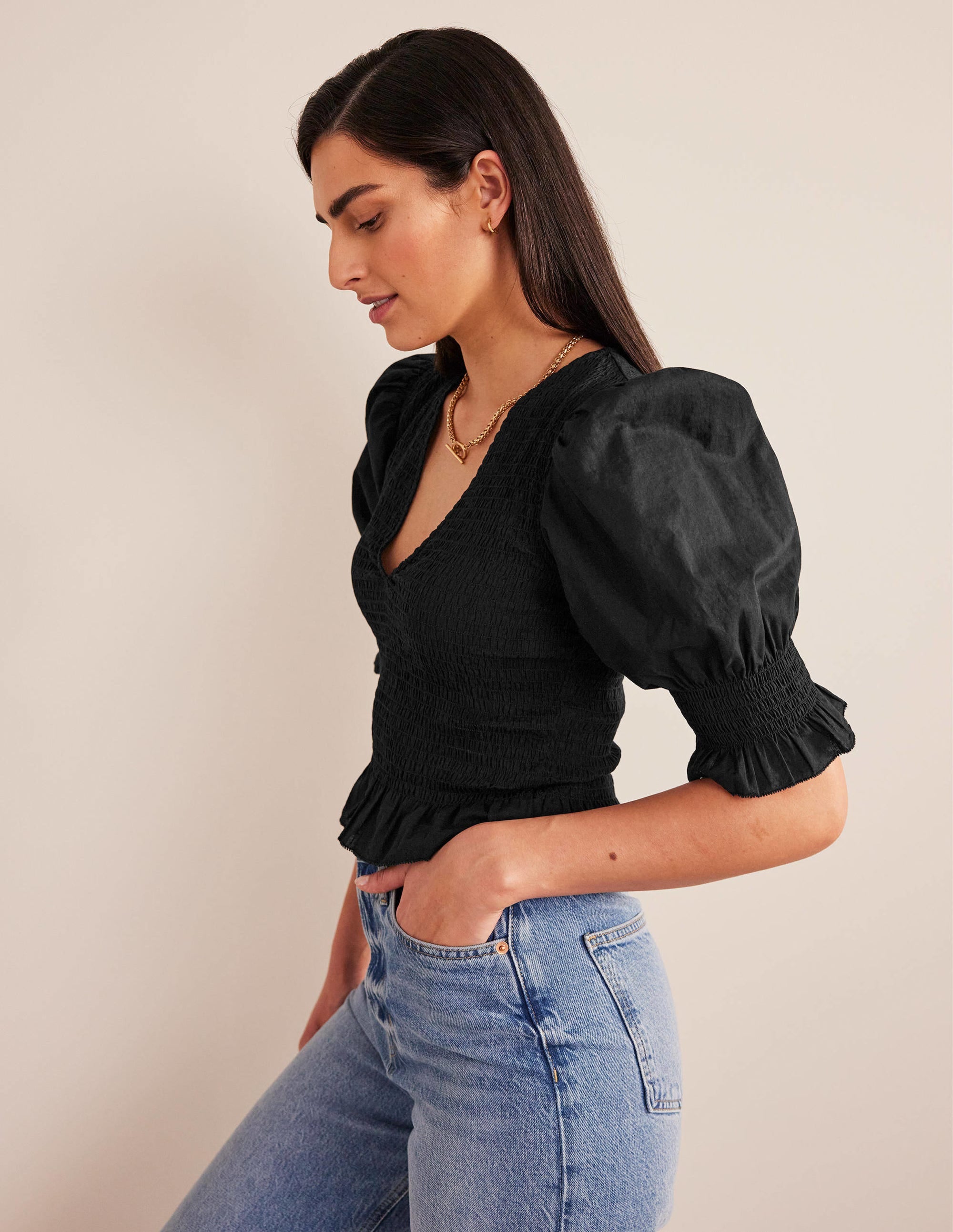 Smocked Bodice Crop Top-Black - Image 1