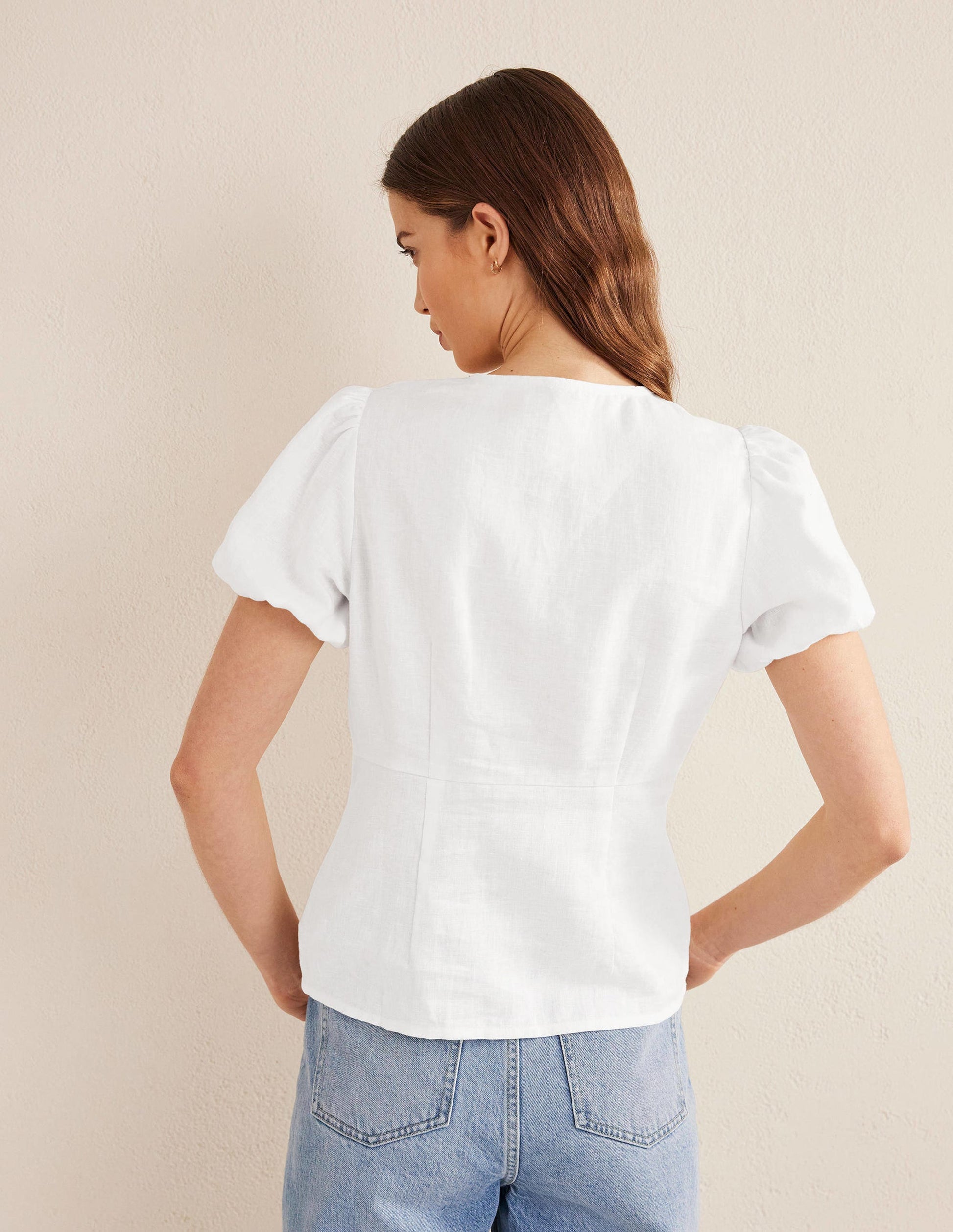 Fitted Linen V-neck Top-White-3