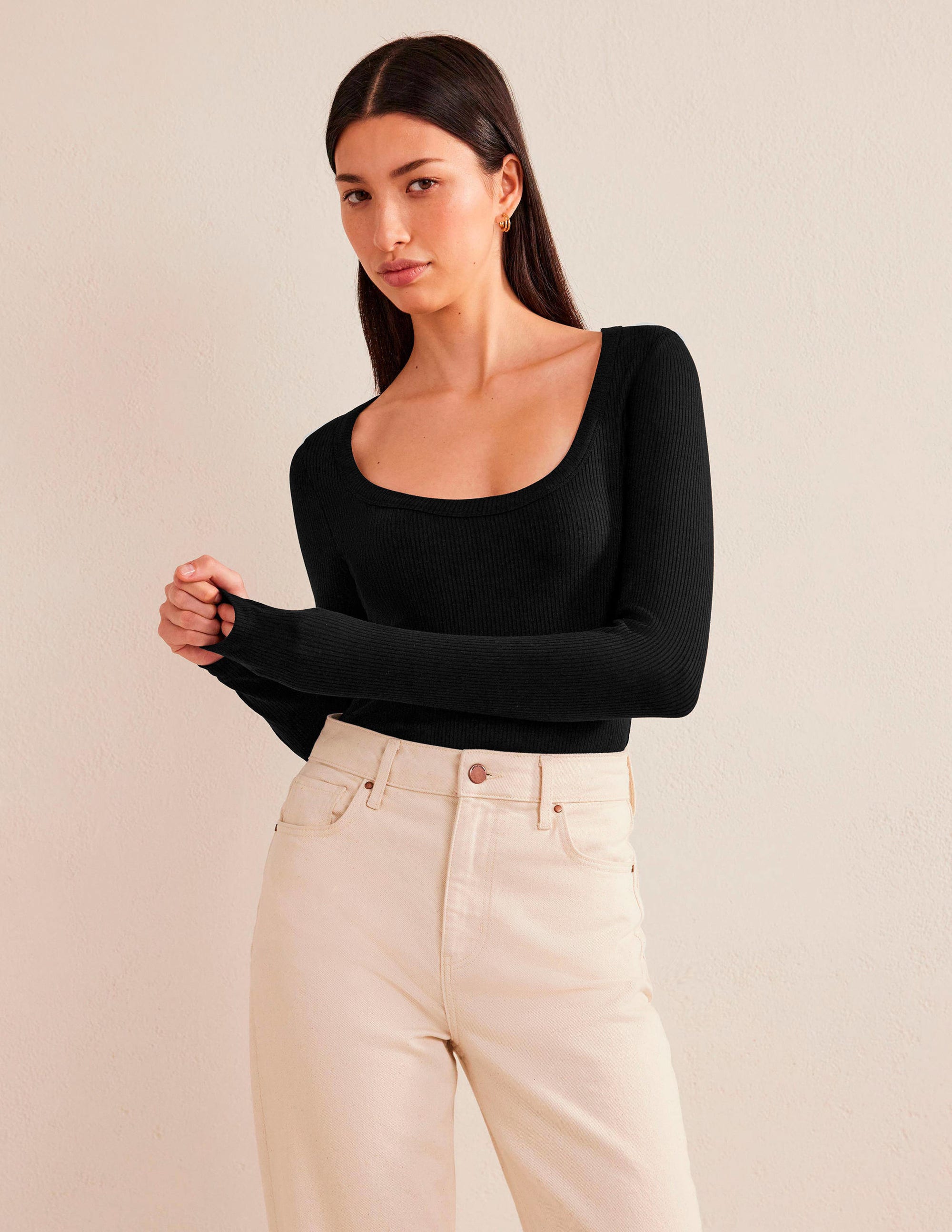 Soft Ribbed Scoop Neck Top-Black - Image 1