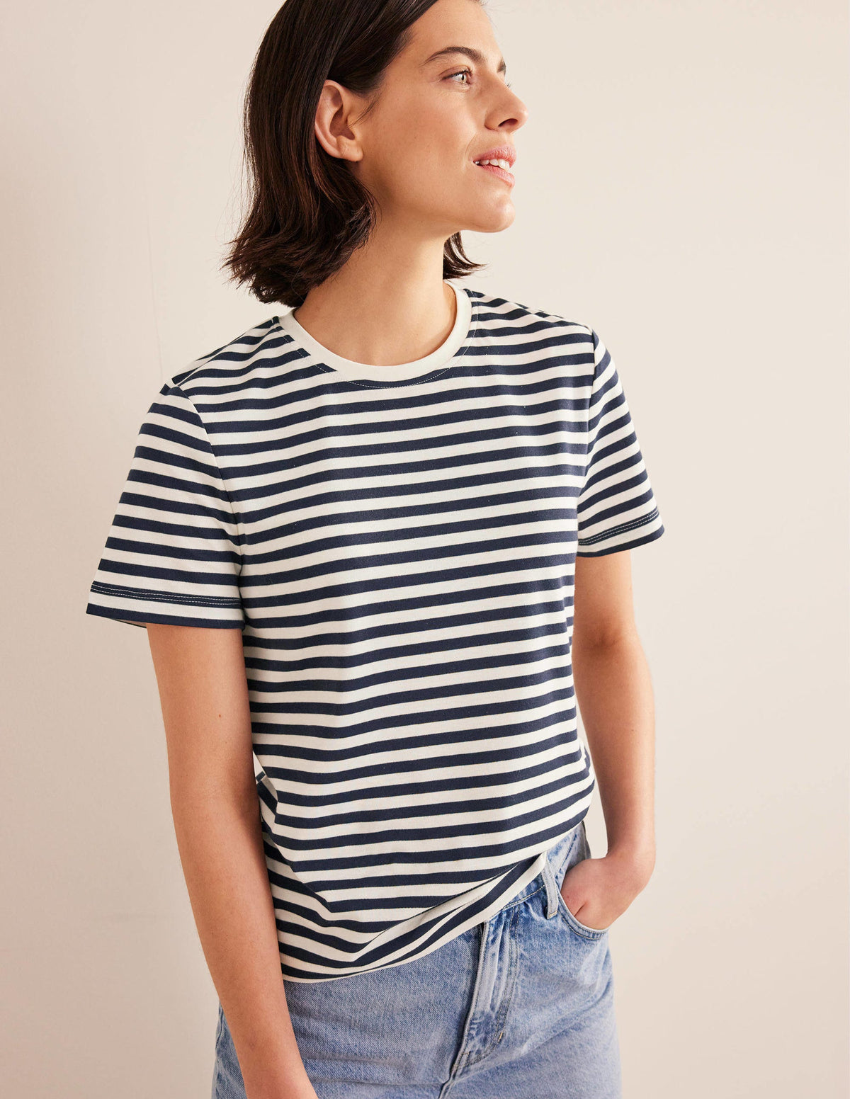 Perfect Cotton T-Shirt-Ivory / Navy Stripe - Image 4