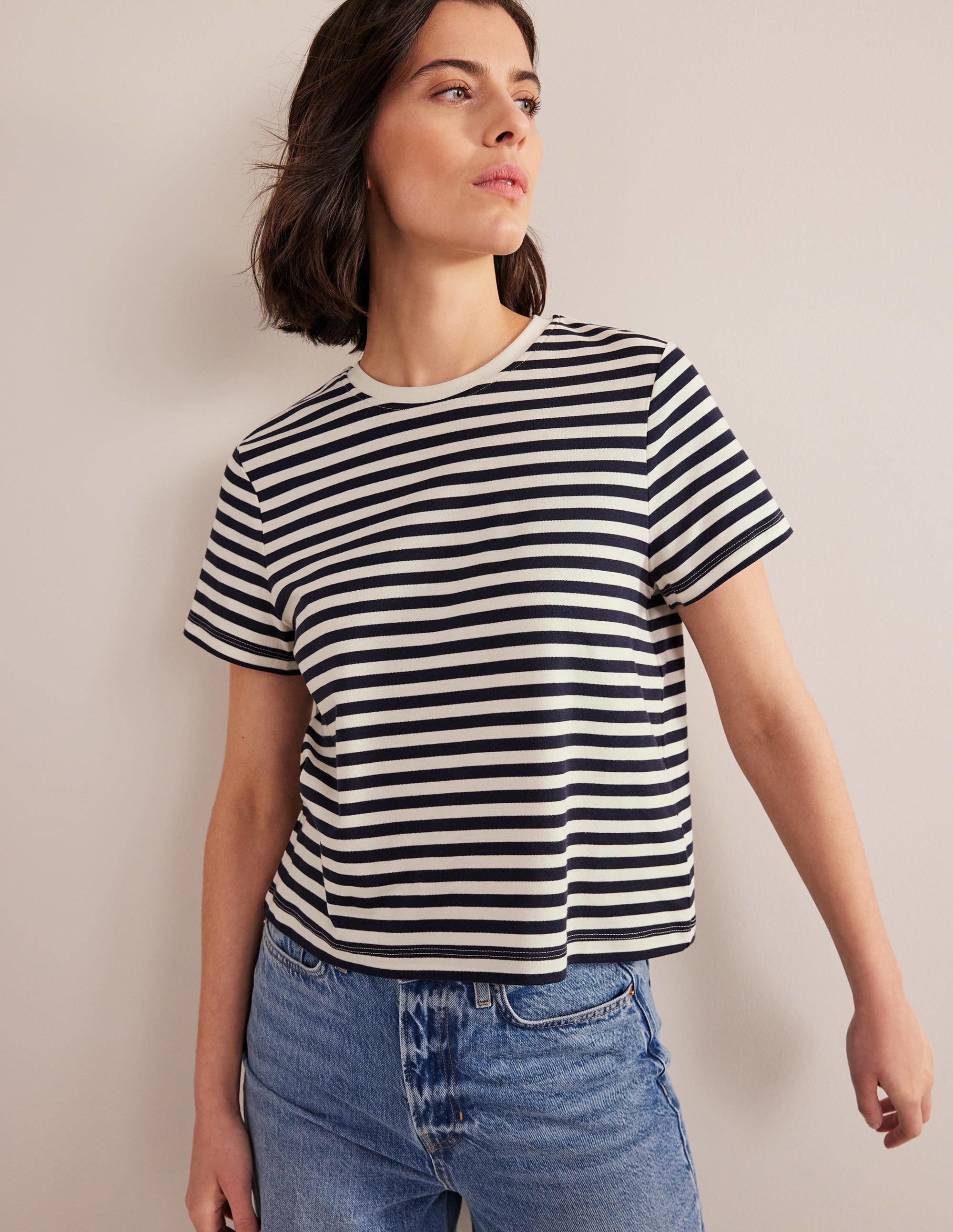 Perfect Cotton Cropped T-Shirt-Ivory / Navy Stripe - Image 1
