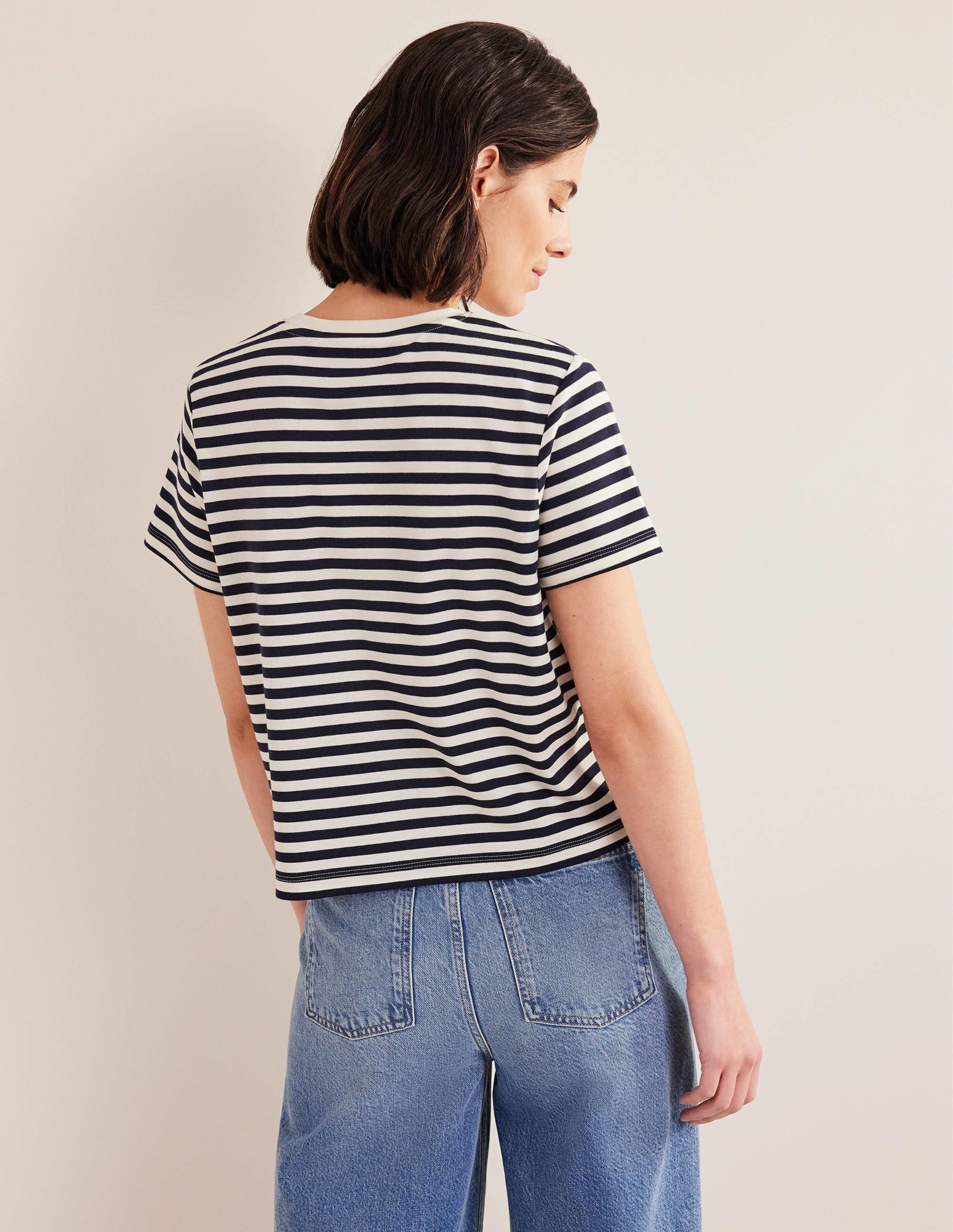 Perfect Cotton Cropped T-Shirt-Ivory / Navy Stripe - Image 3