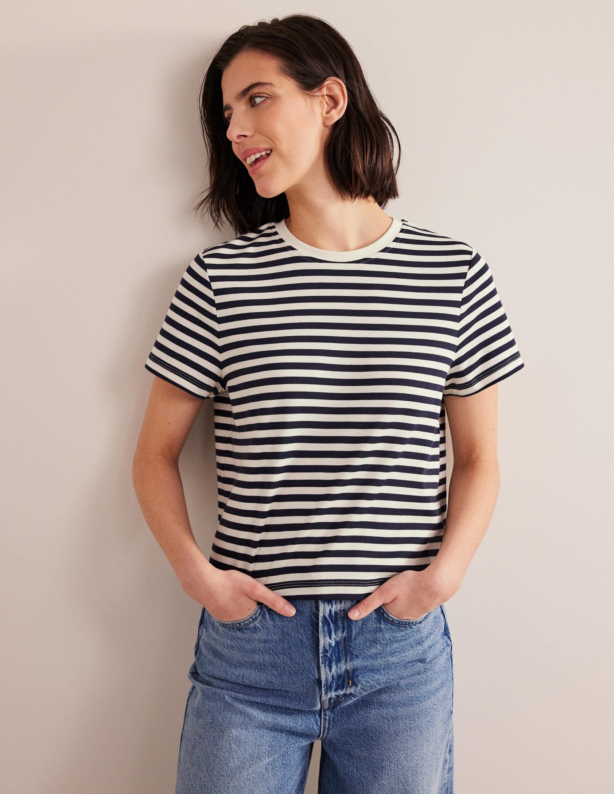 Perfect Cotton Cropped T-Shirt-Ivory / Navy Stripe - Image 4