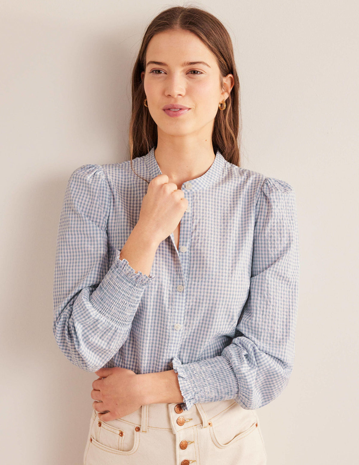 Smocked Cuff Shirt-Blue Blizzard Micro Gingham-1