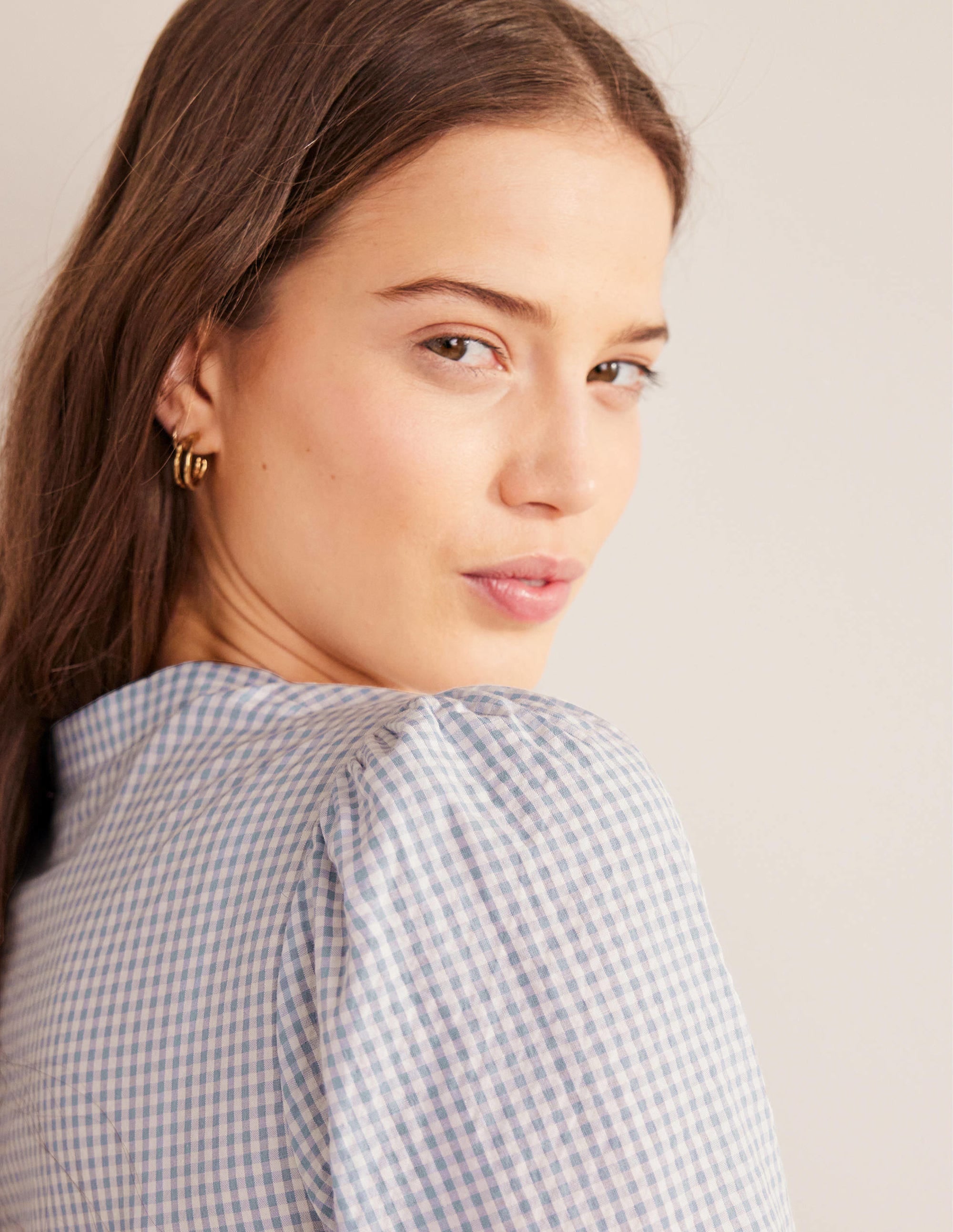 Smocked Cuff Shirt-Blue Blizzard Micro Gingham - Image 2