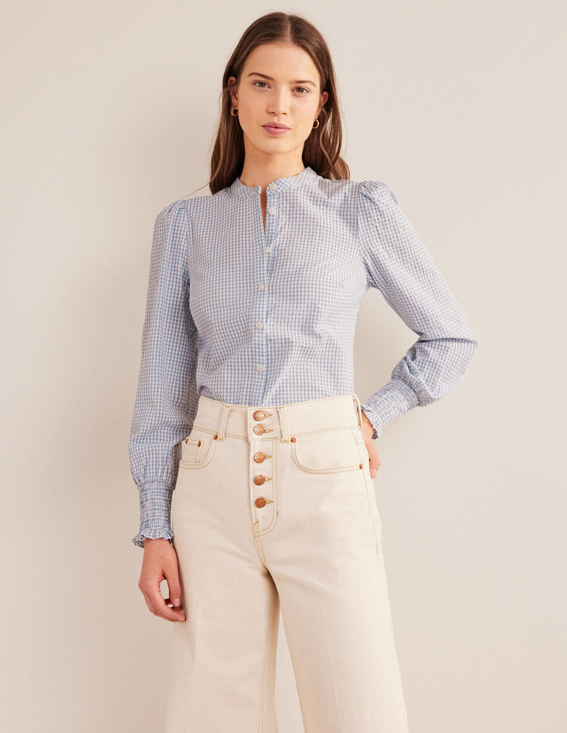 Smocked Cuff Shirt-Blue Blizzard Micro Gingham-4