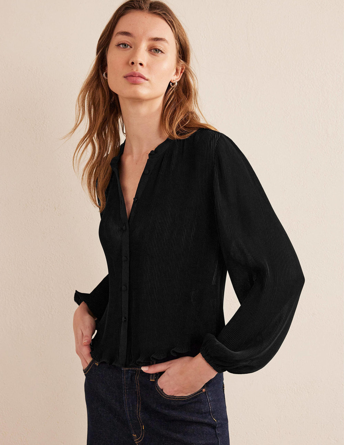 Plisse Pleat Blouse-Black-1