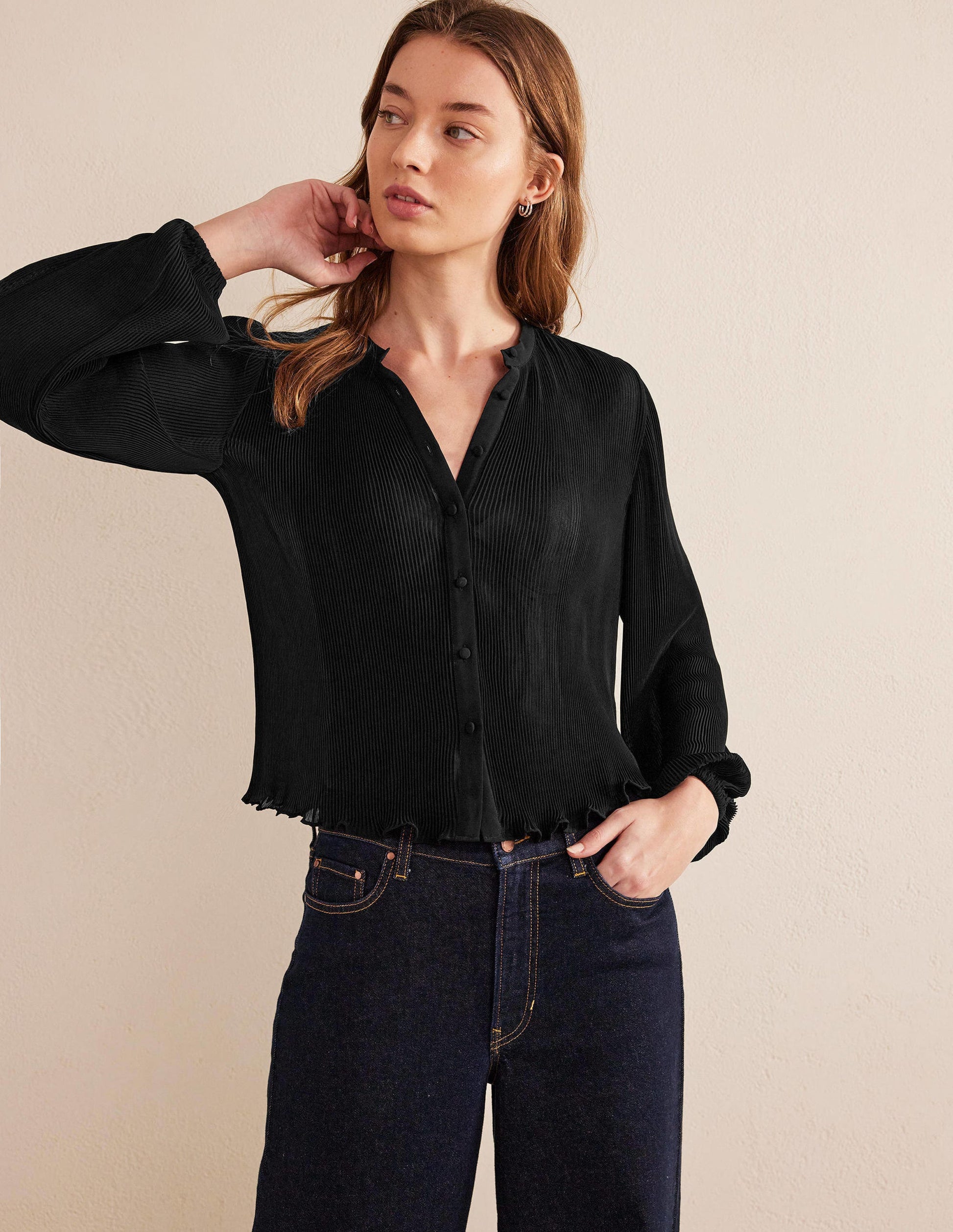 Plisse Pleat Blouse-Black-4