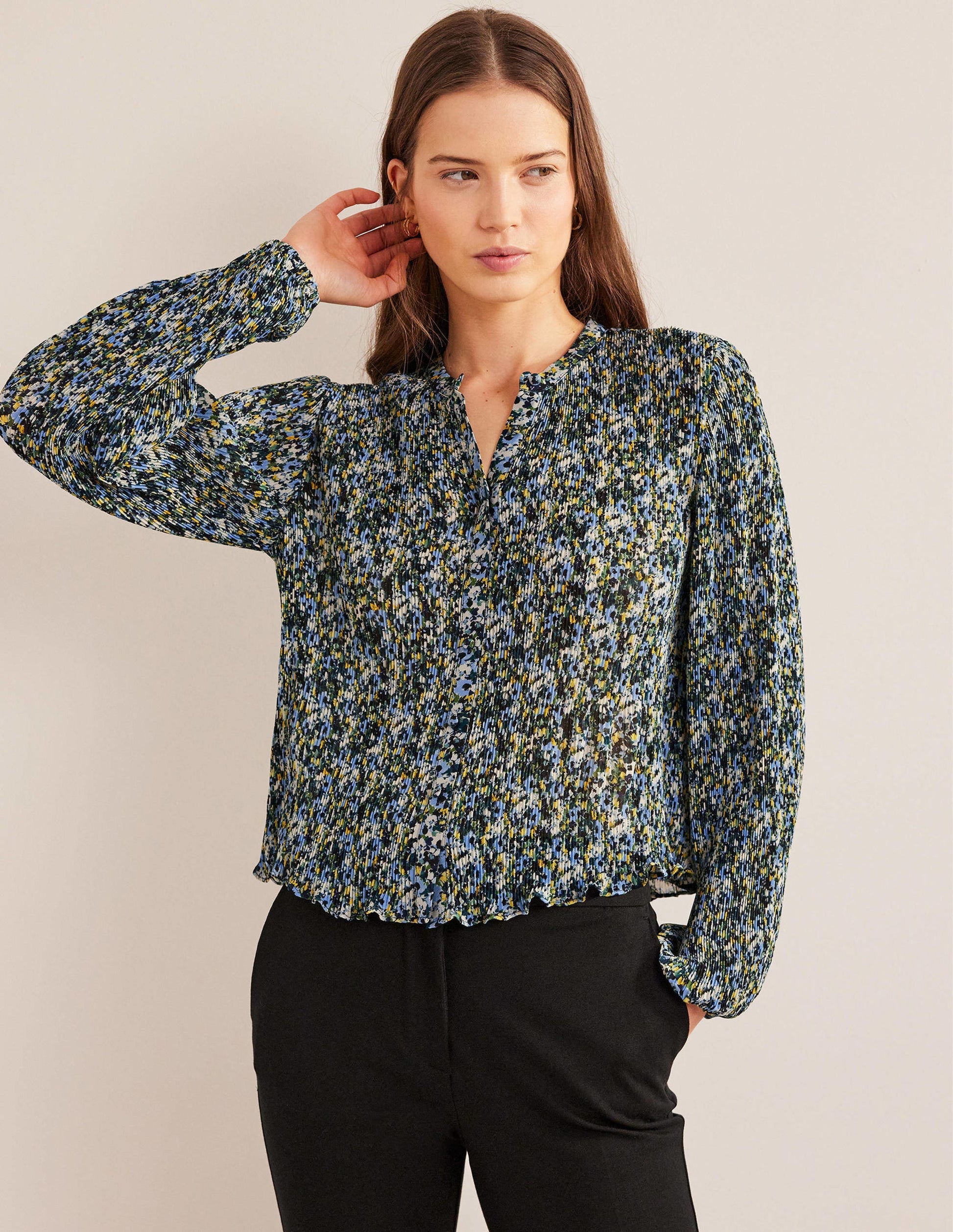 Plisse Pleat Blouse-Linseed, Painterly Floret-1