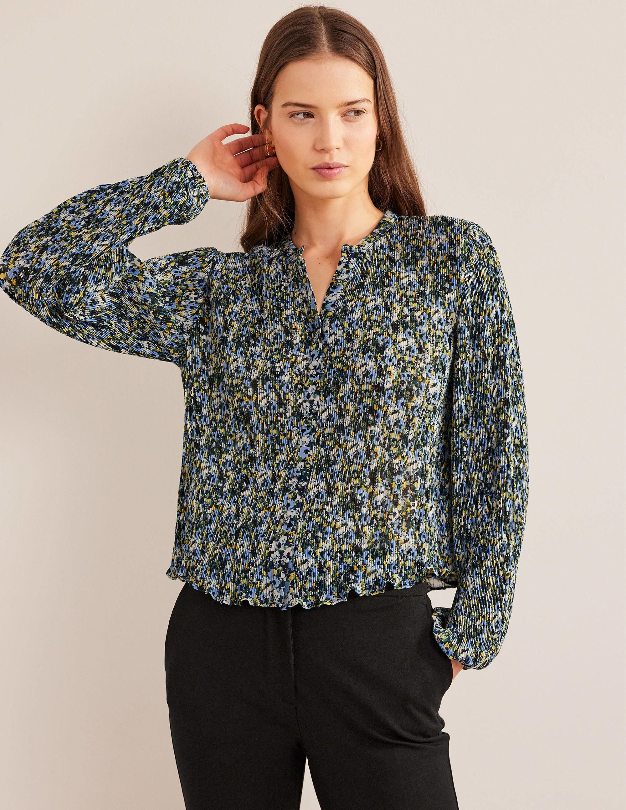 Plisse Pleat Blouse-Linseed, Painterly Floret - Image 1