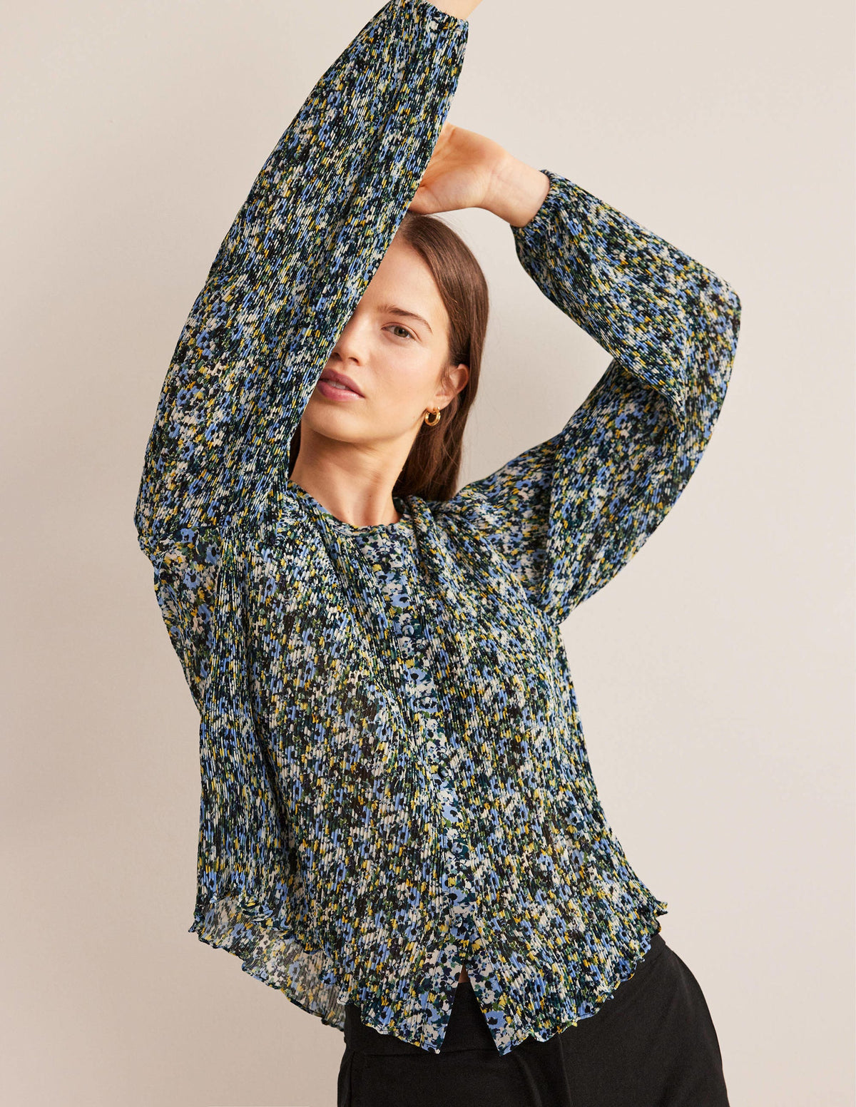 Plisse Pleat Blouse-Linseed, Painterly Floret-4