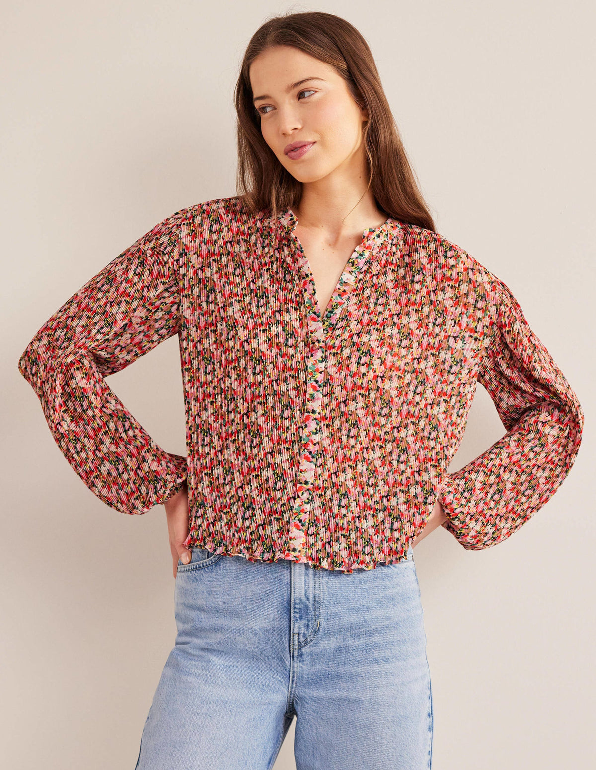 Plisse Pleat Blouse-Multi, Painterly Floret - Image 1