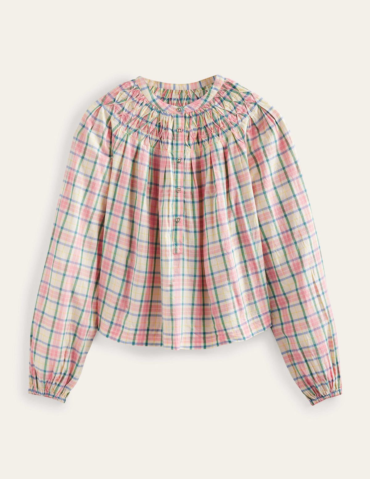 Smocking Detail Blouse-Soft Ivory Check-5