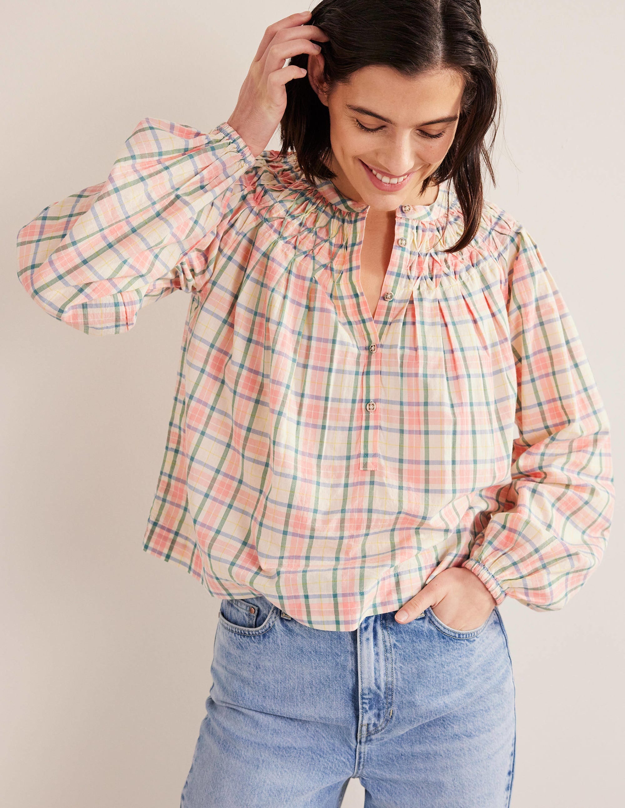 Smocking Detail Blouse-Soft Ivory Check - Image 1