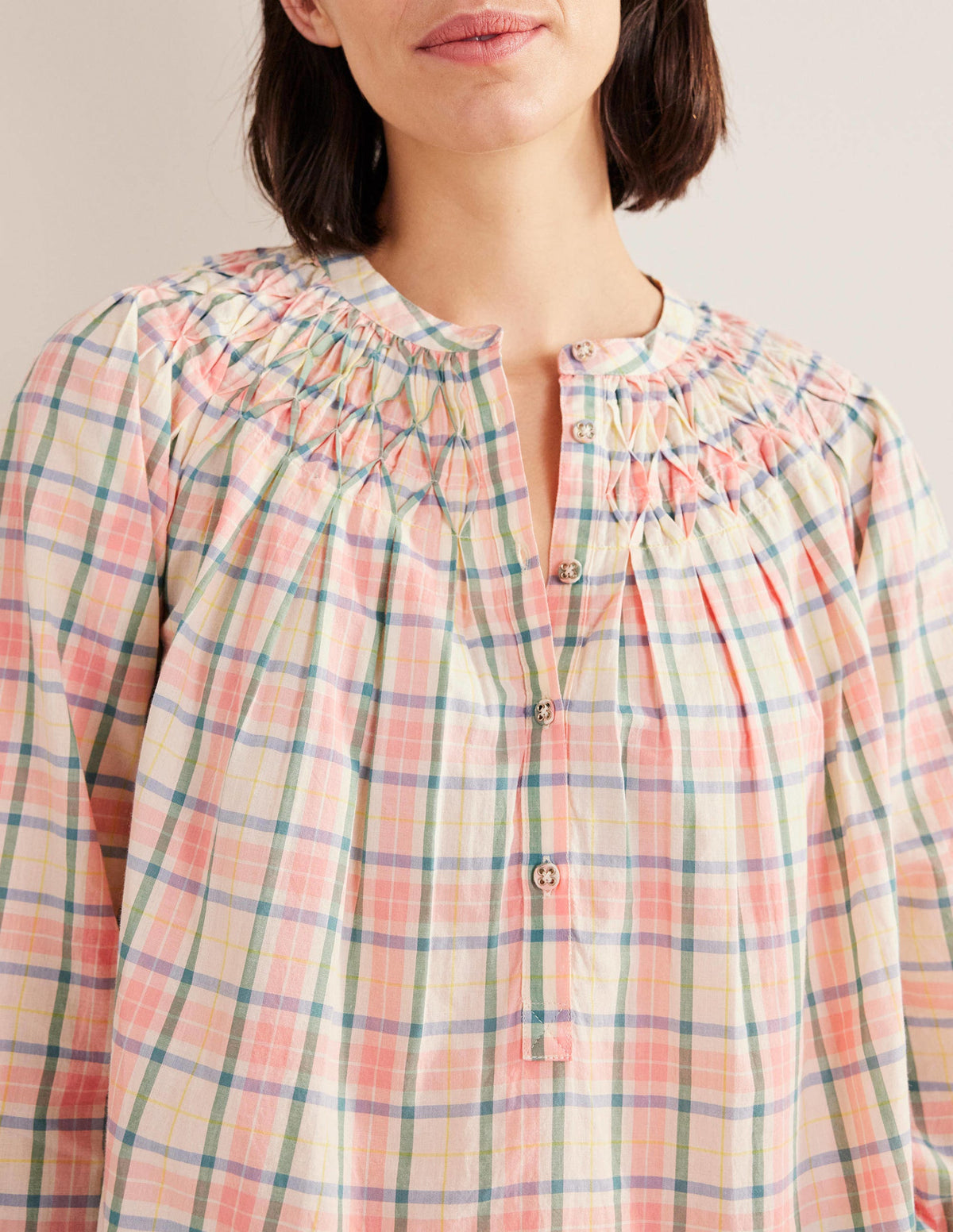 Smocking Detail Blouse-Soft Ivory Check-2