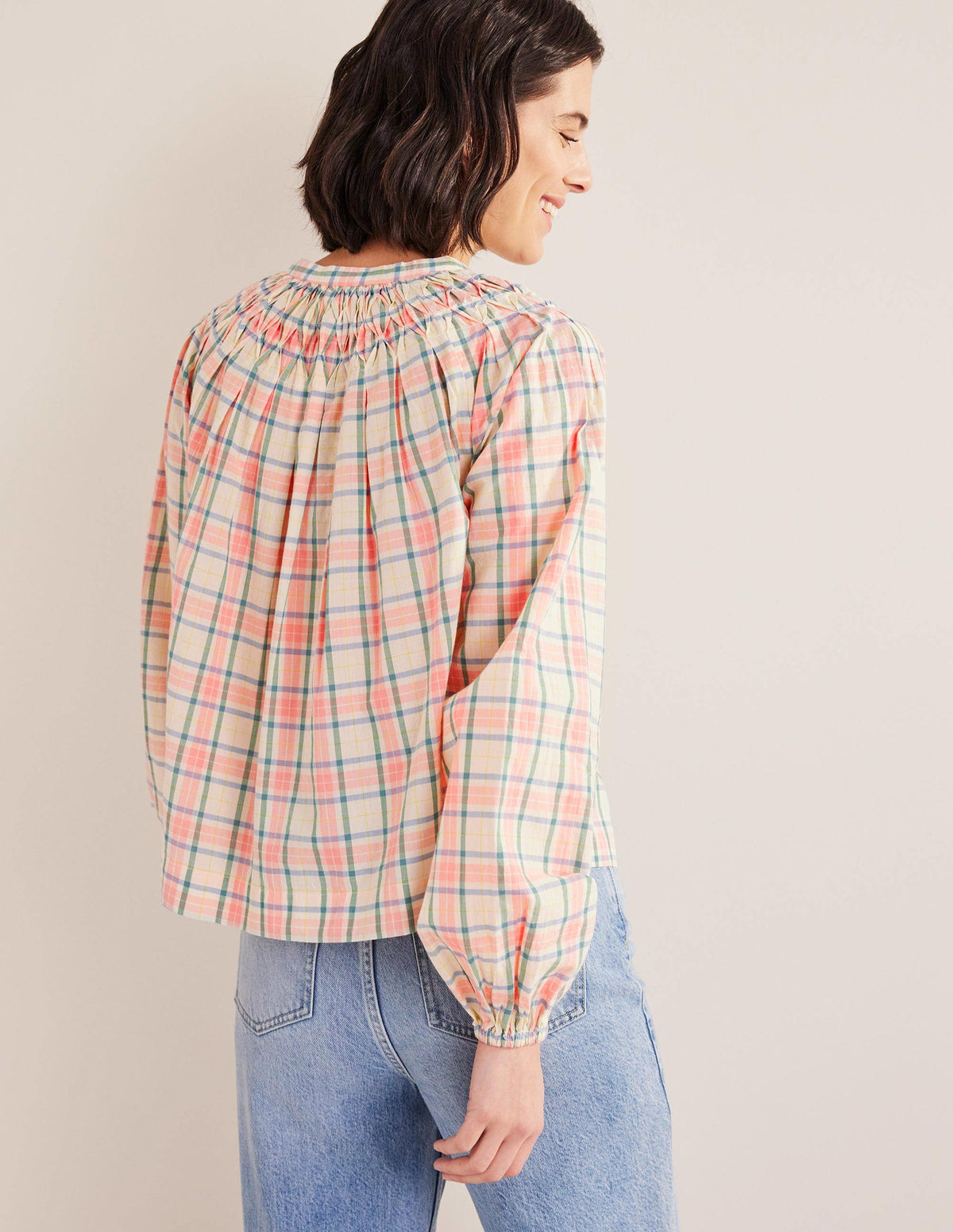 Smocking Detail Blouse-Soft Ivory Check-3