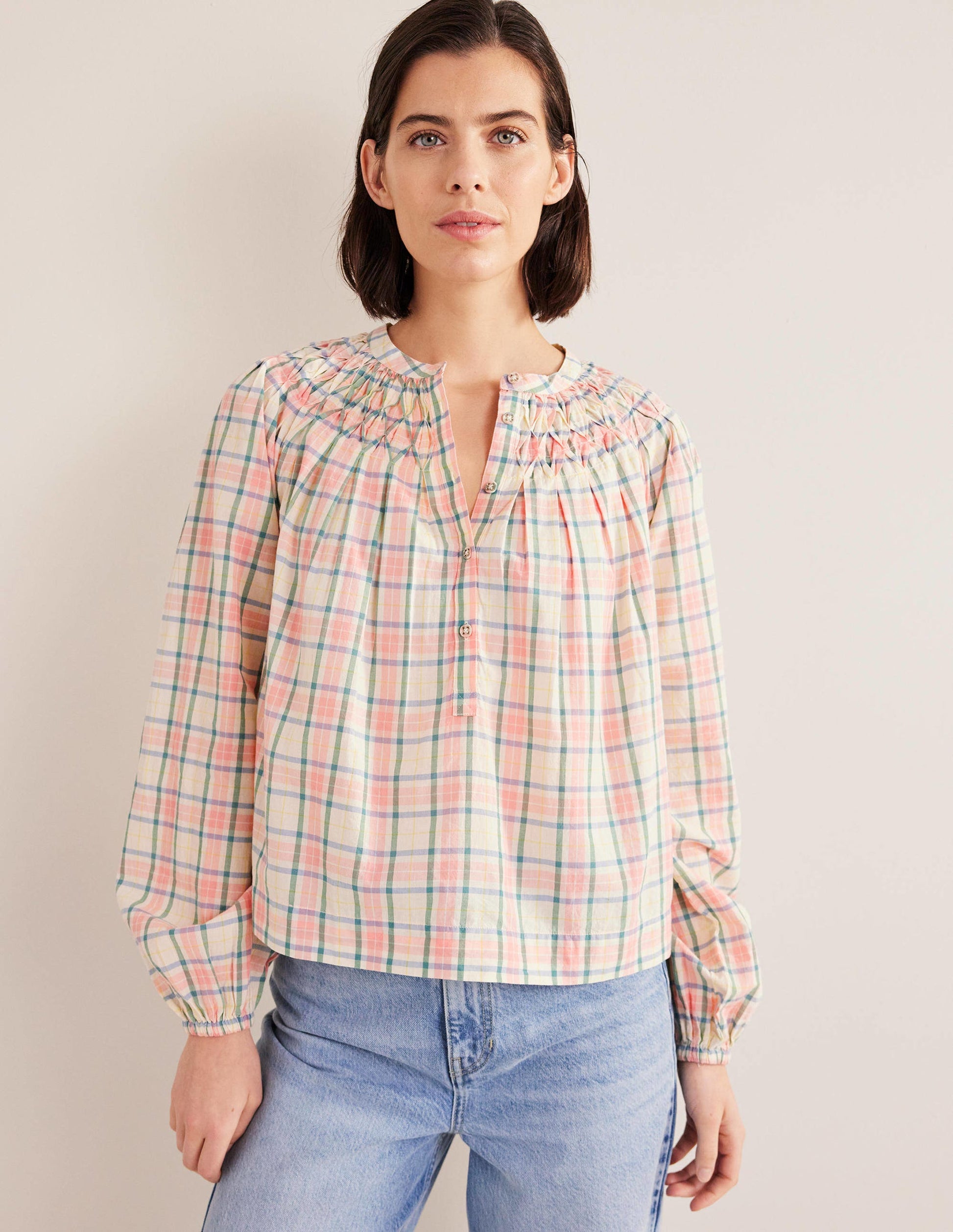 Smocking Detail Blouse-Soft Ivory Check-4