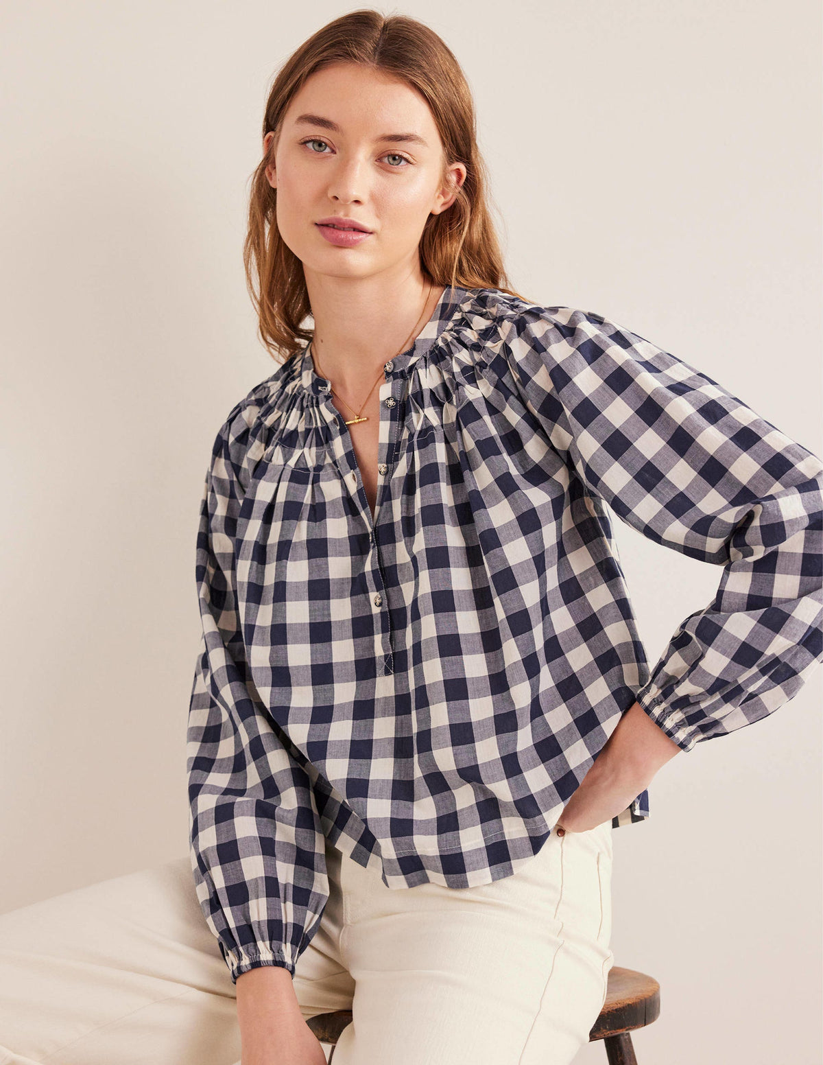 Smocking Detail Blouse-French Navy Gingham - Image 1