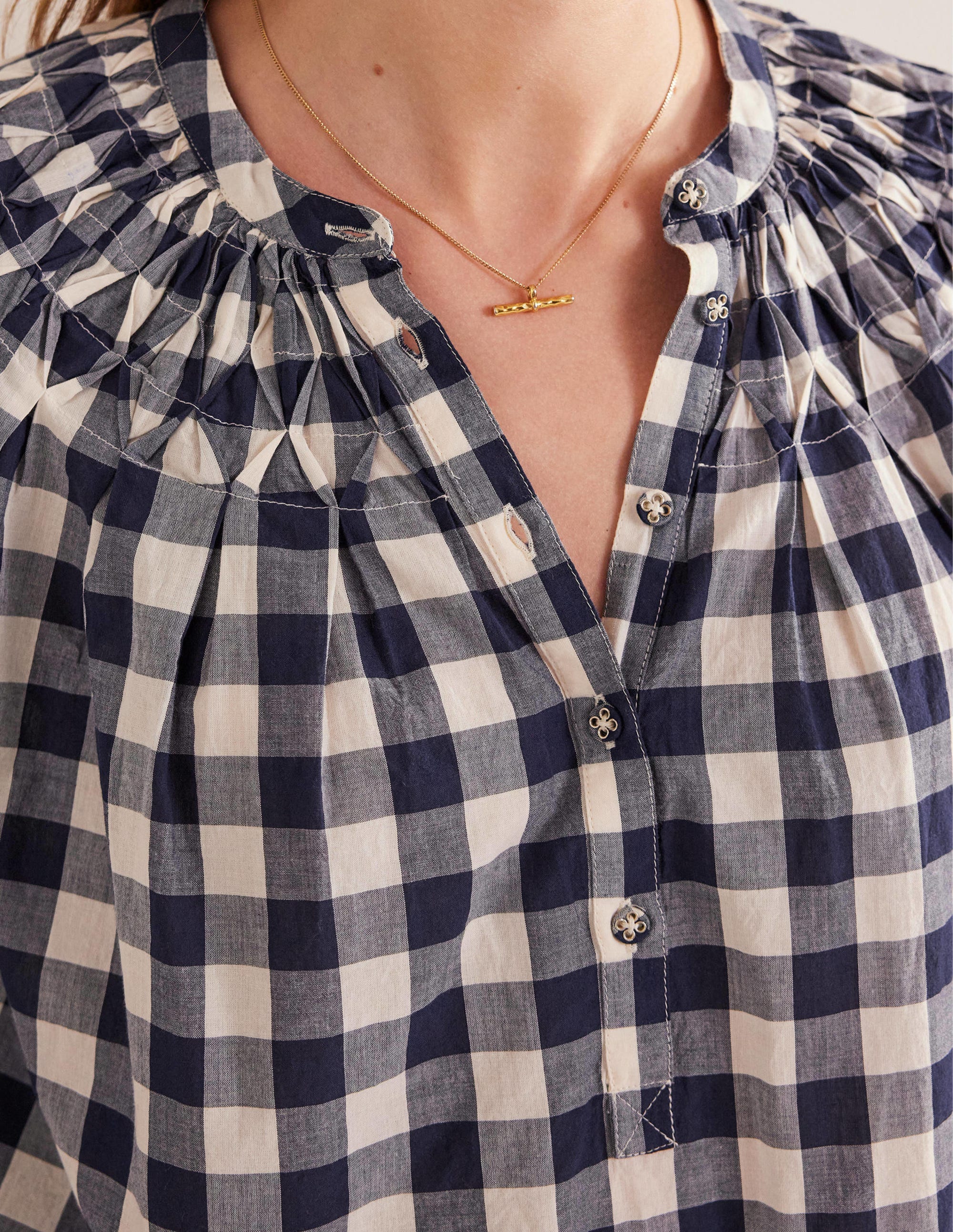 Smocking Detail Blouse-French Navy Gingham - Image 2