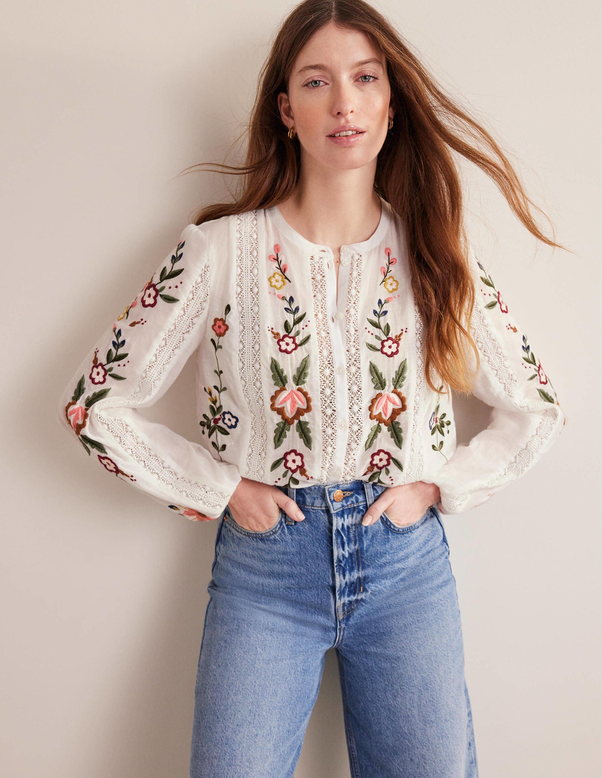 Floral Embroidered Blouse-White-1