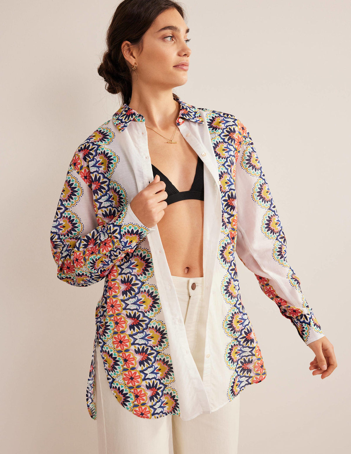 Holiday Longerline Shirt-Ivory, Floweret - Image 1