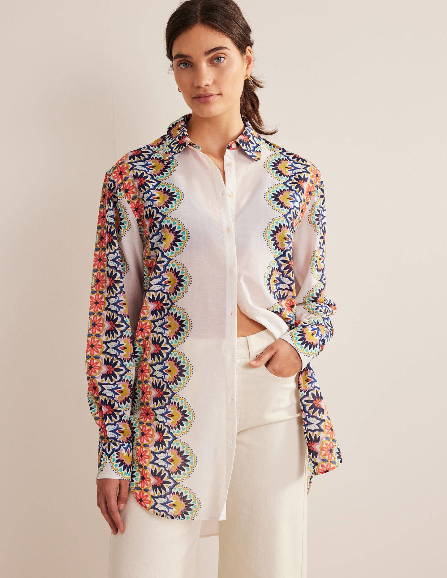 Holiday Longerline Shirt-Ivory, Floweret