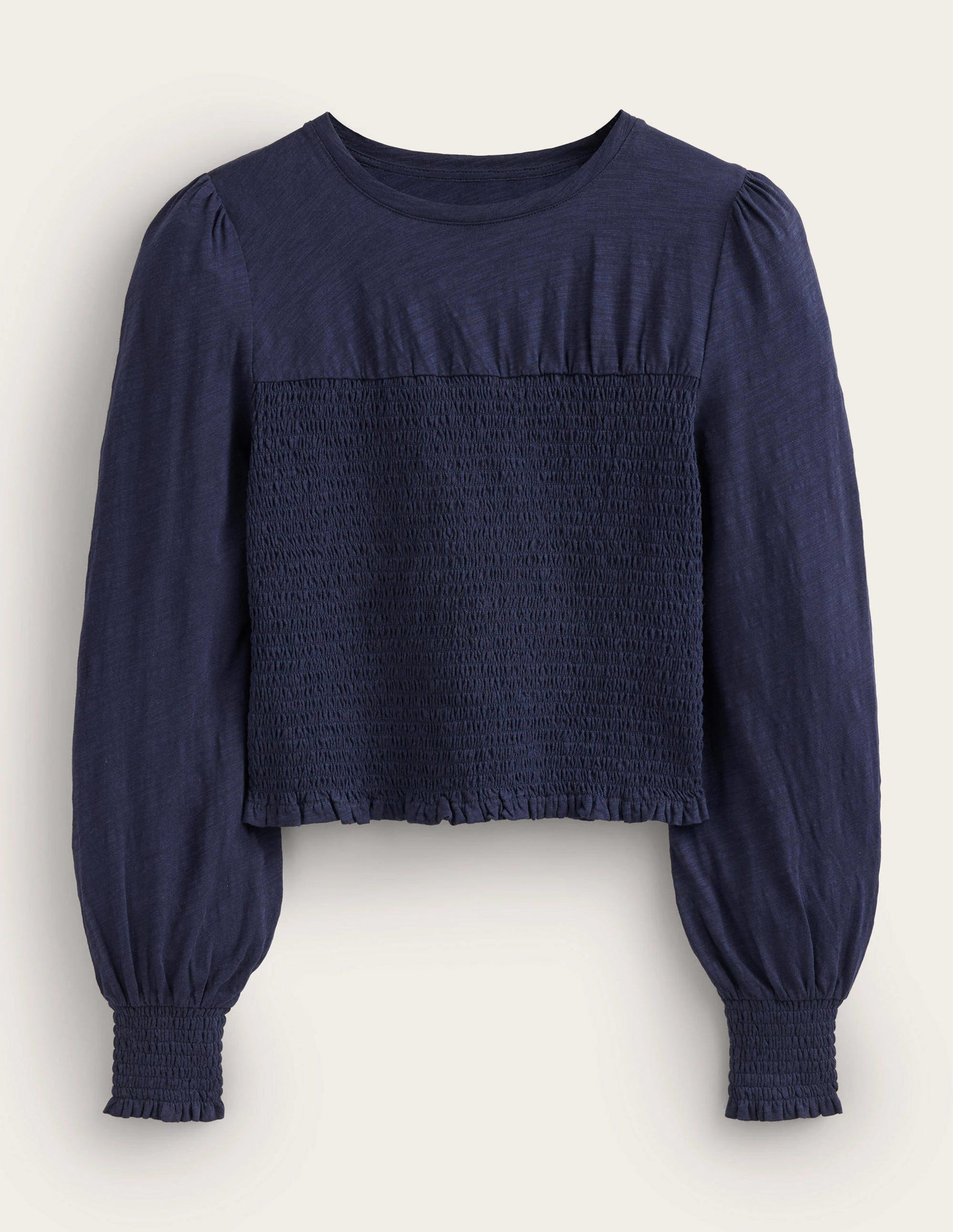 Smocked Bodice Cotton Top-Navy-6