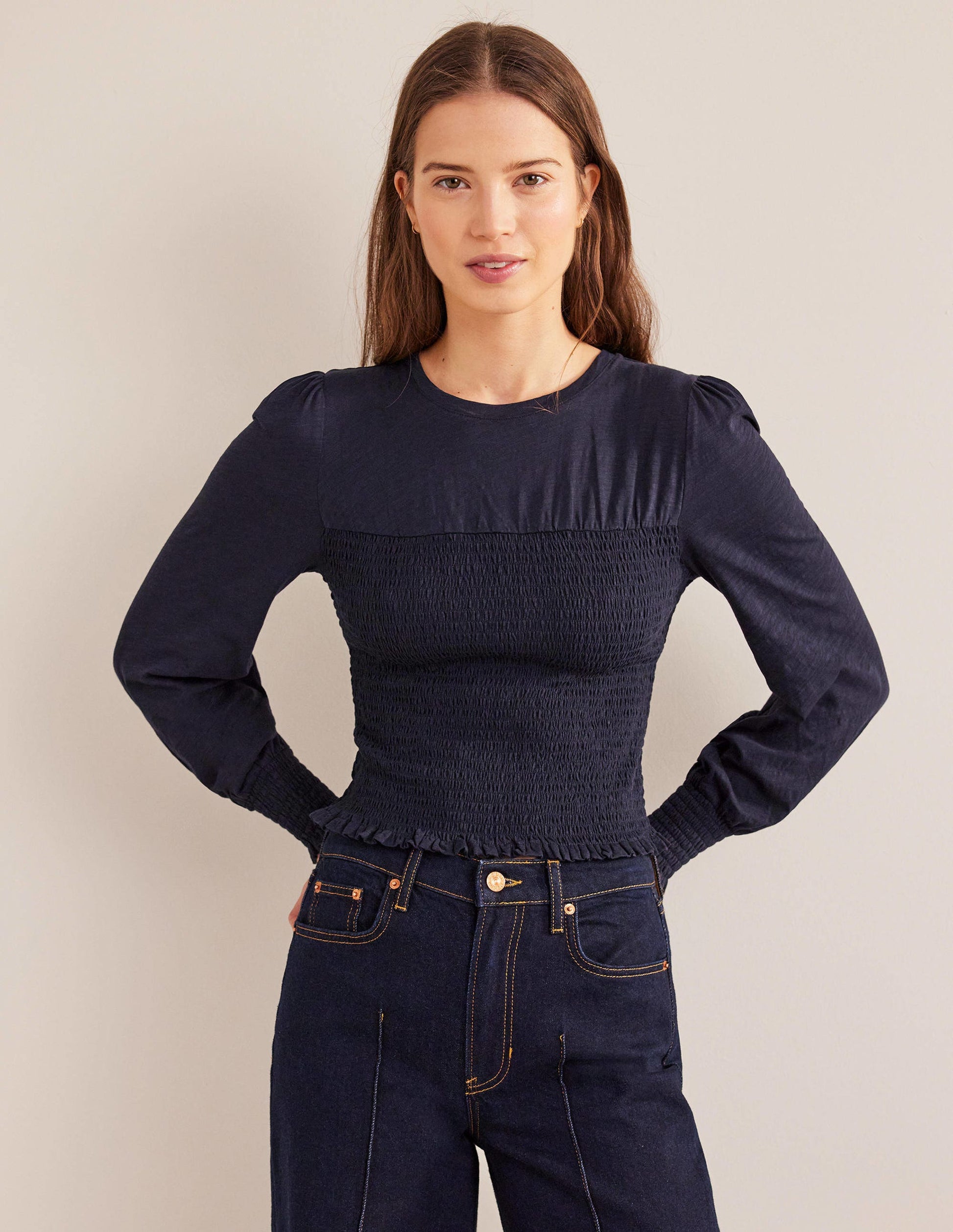 Smocked Bodice Cotton Top-Navy-1