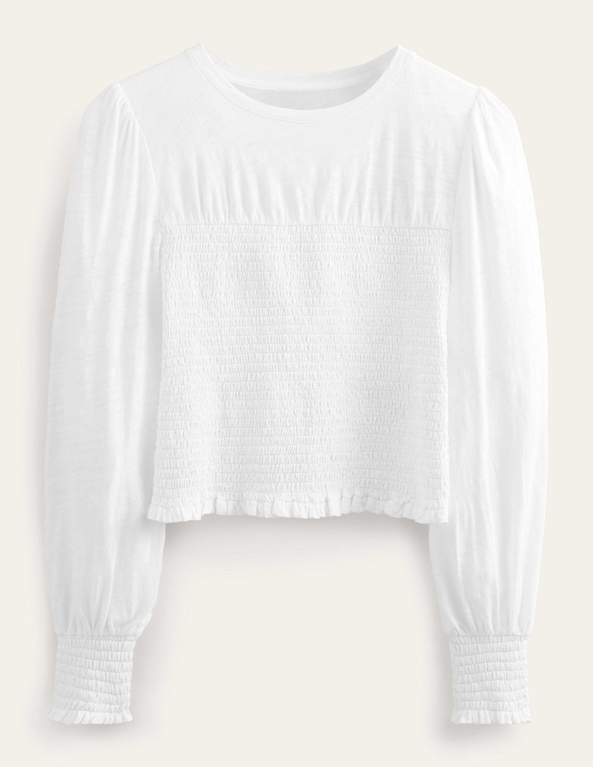 Smocked Bodice Cotton Top-White-5