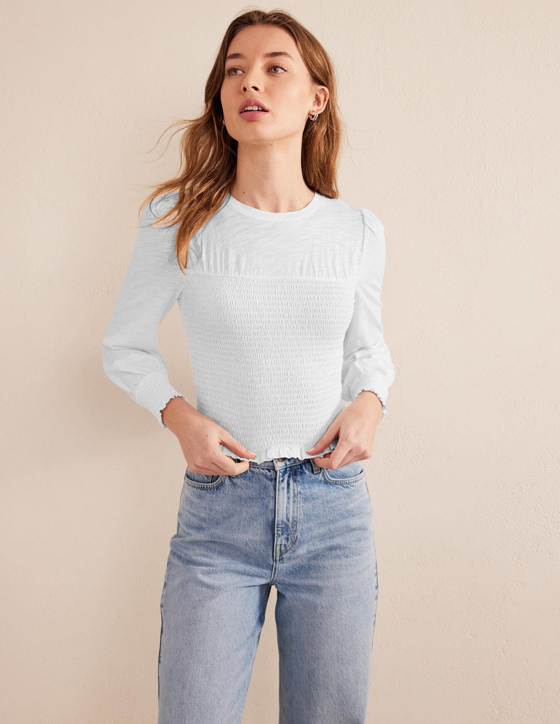 Smocked Bodice Cotton Top-White-1