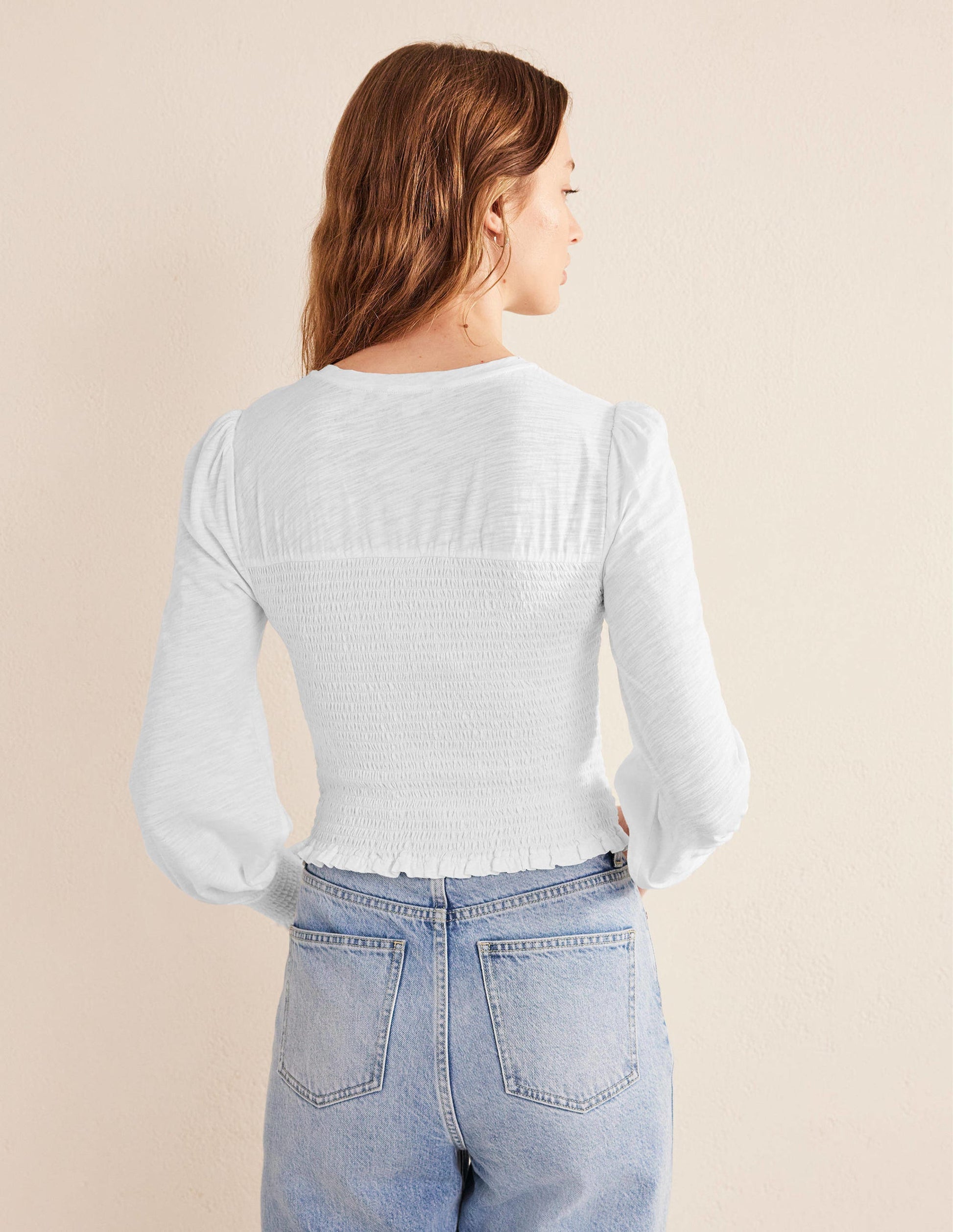 Smocked Bodice Cotton Top-White-3