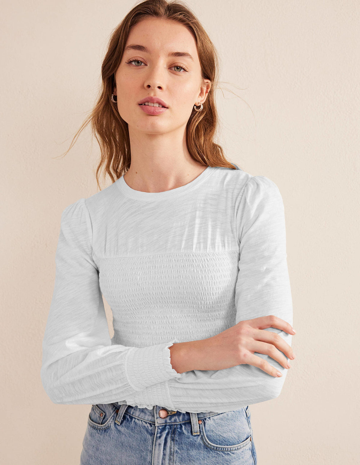 Smocked Bodice Cotton Top-White-4