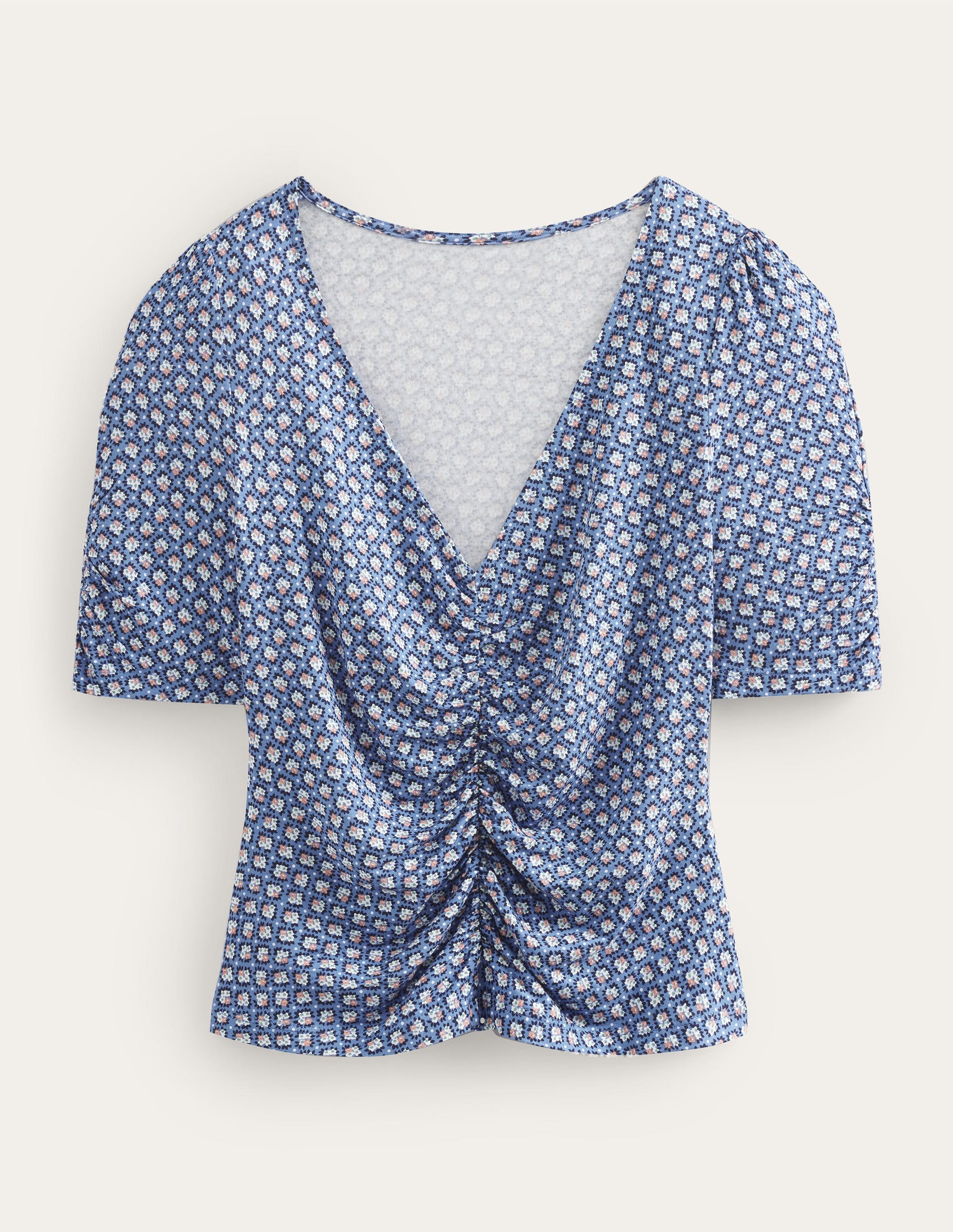 Ruched Front Printed Top-Porcelain Blue, Bloom Bud - Image 5