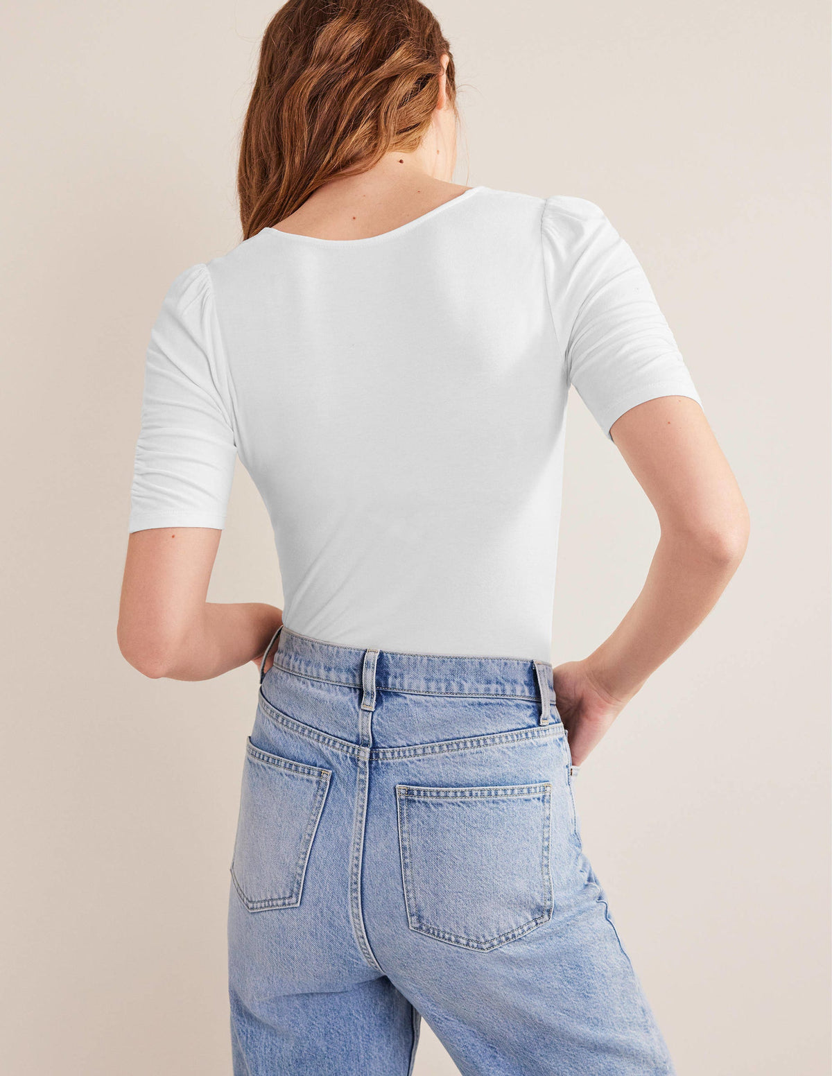 Ruched Front Printed Top-White-3