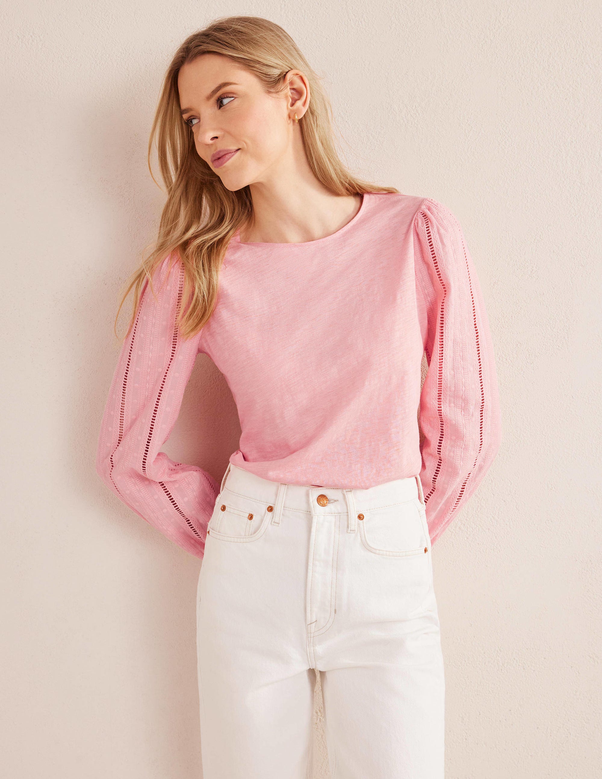 Crew Neck Broderie Sleeve Top-Dahlia Pink - Image 1