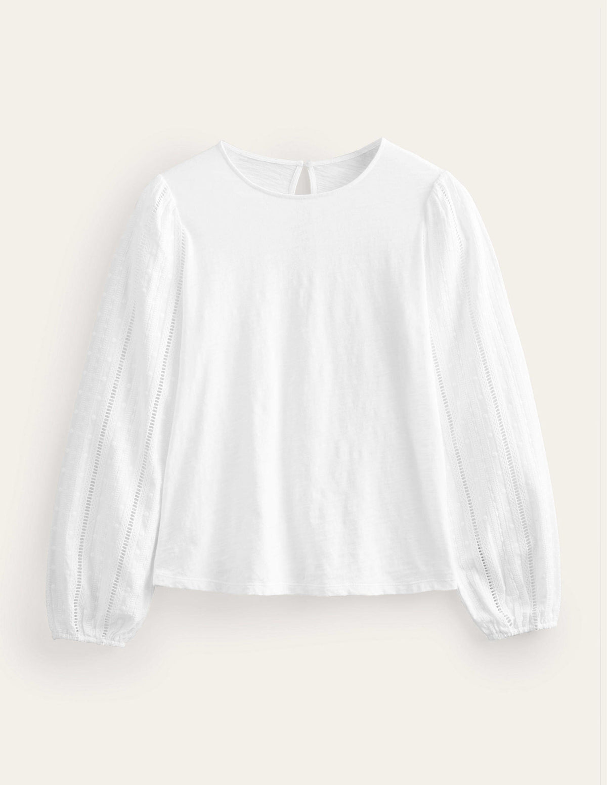 Crew Neck Broderie Sleeve Top-White - Image 5