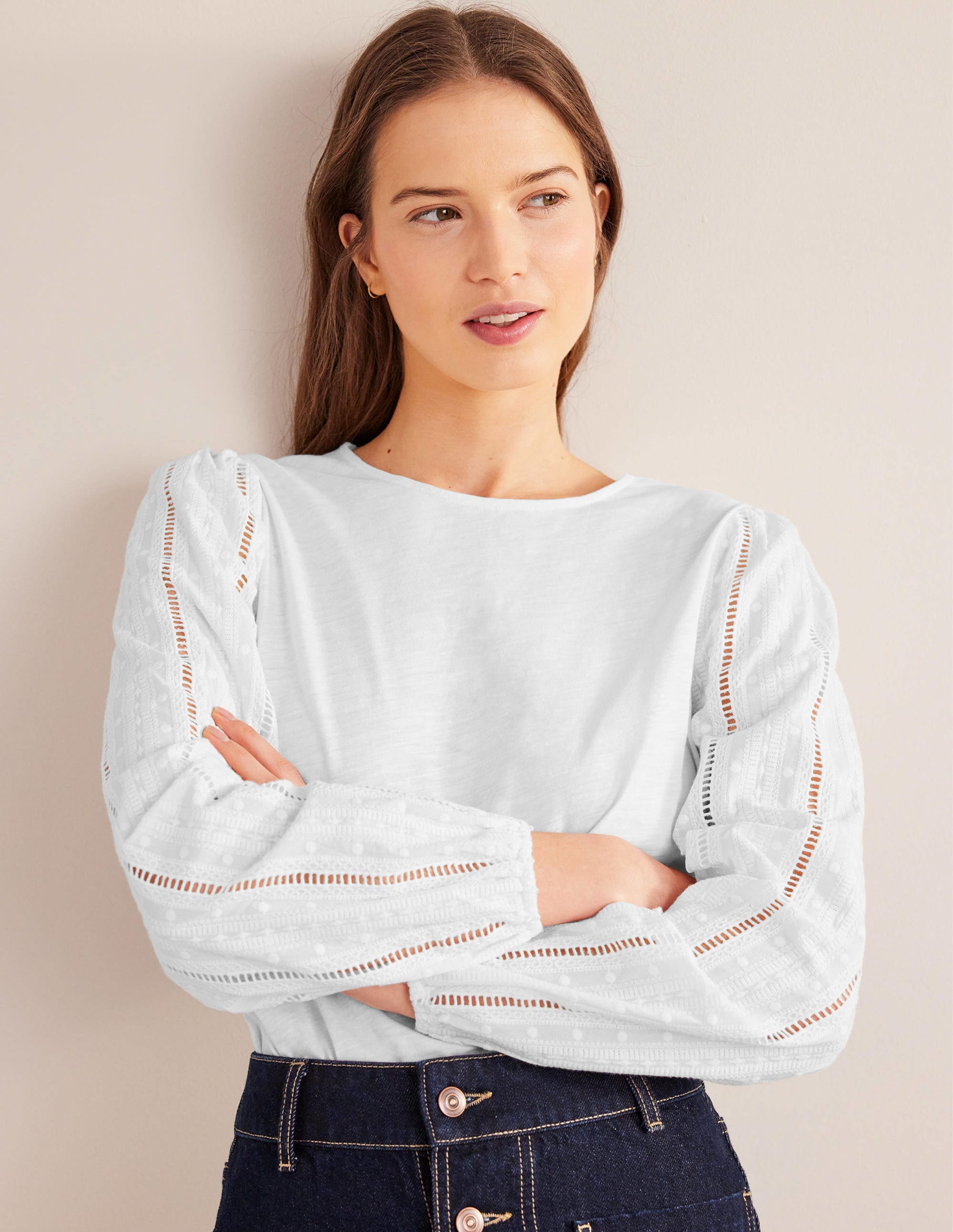 Crew Neck Broderie Sleeve Top-White - Image 1