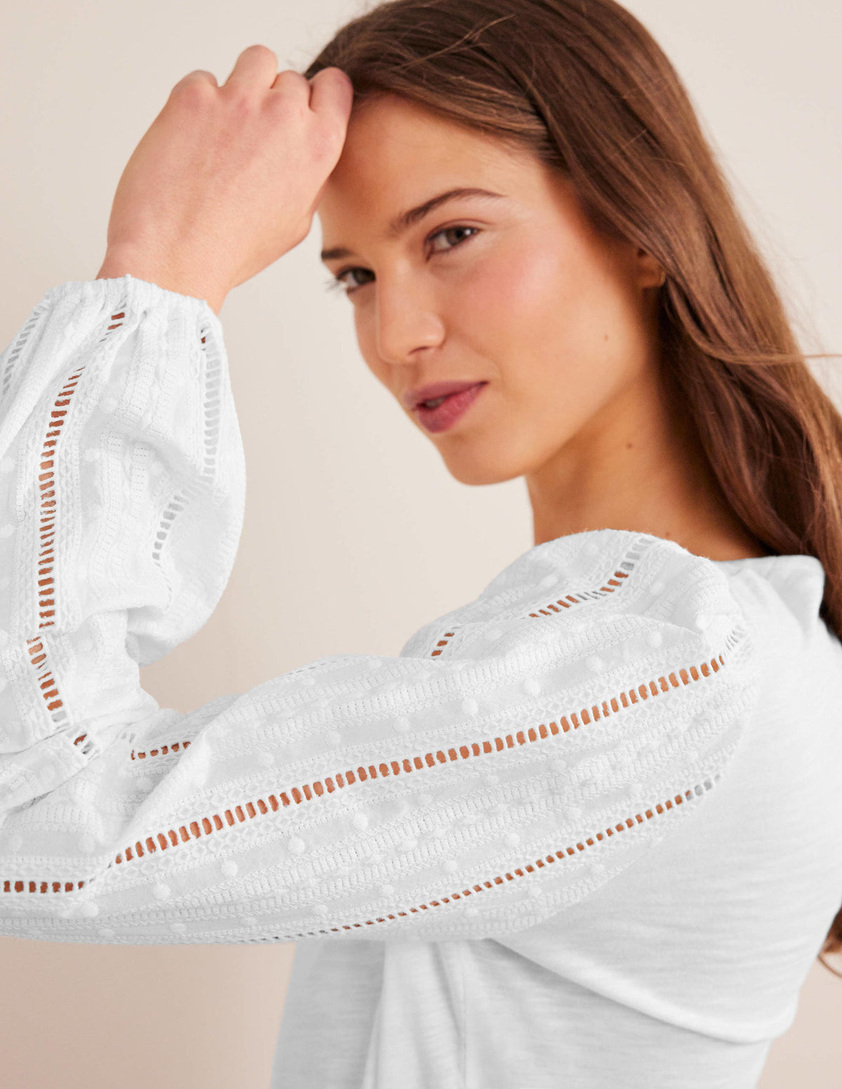 Crew Neck Broderie Sleeve Top-White - Image 2