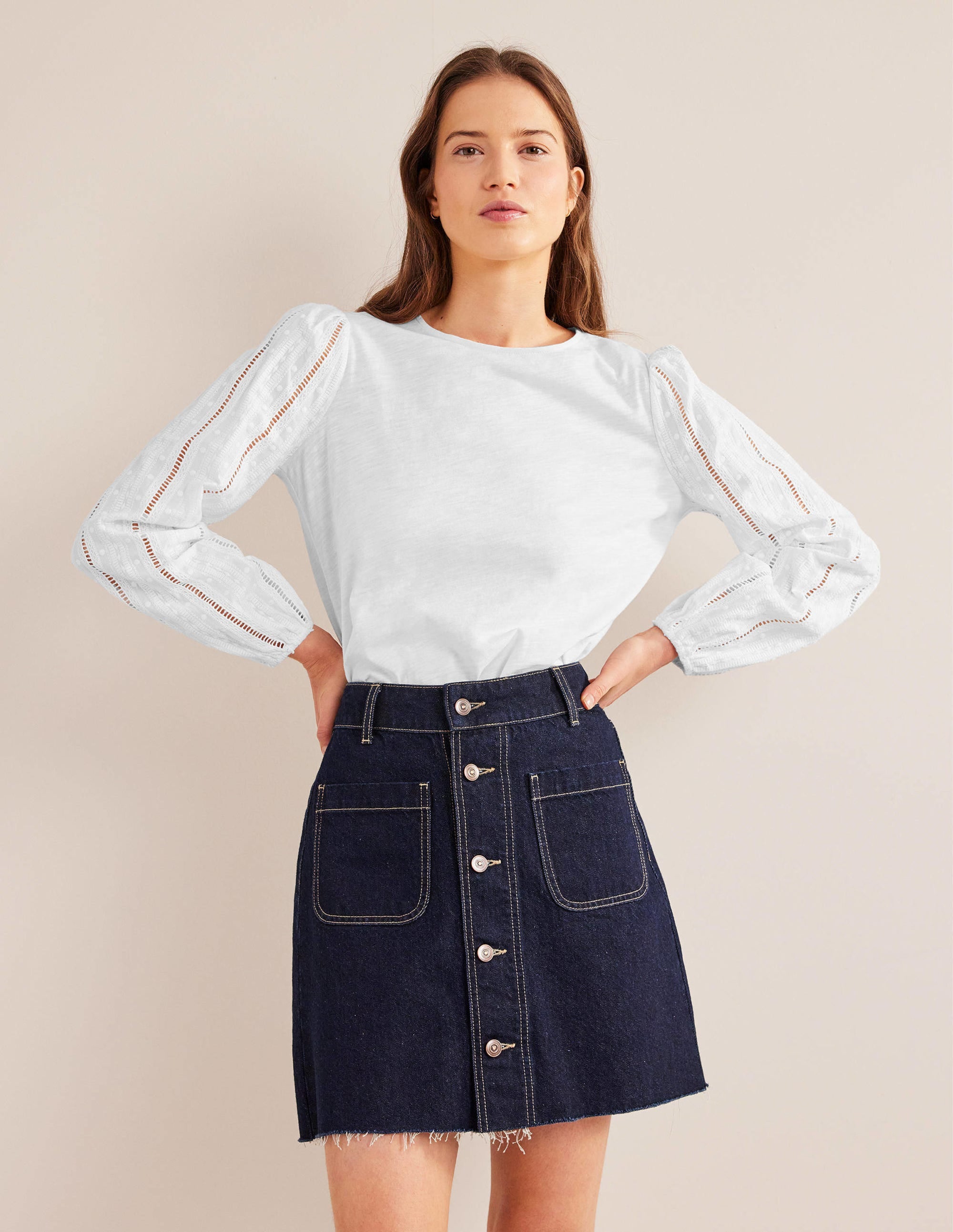 Crew Neck Broderie Sleeve Top-White - Image 4