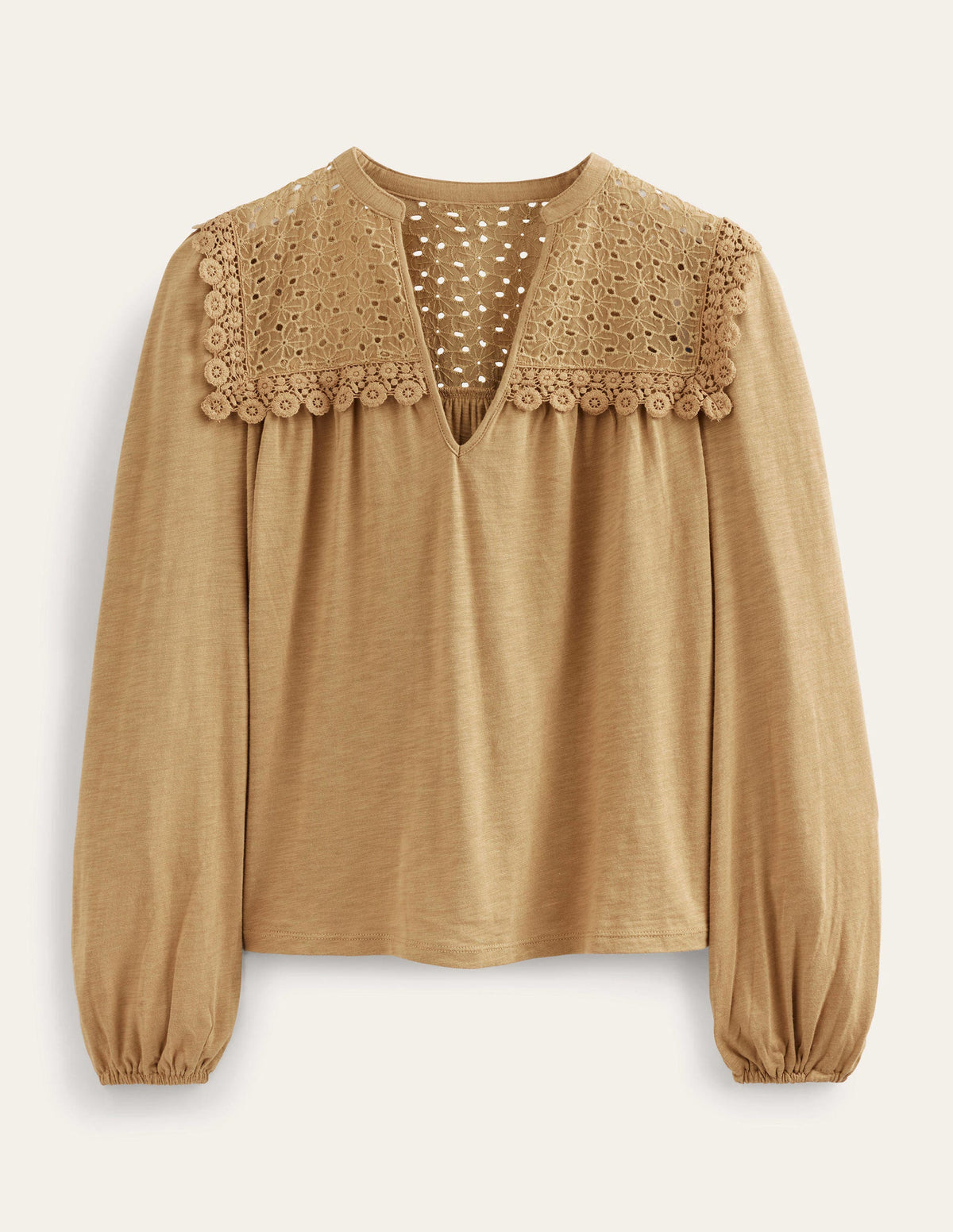 Notch Neck Woven Mix Top-Camel-5