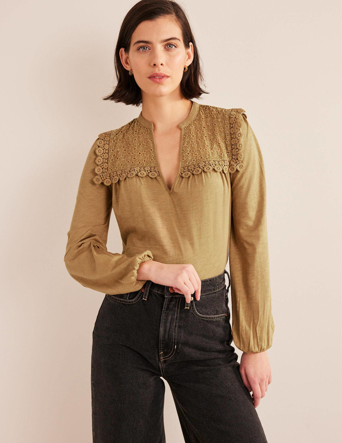 Notch Neck Woven Mix Top-Camel - Image 1